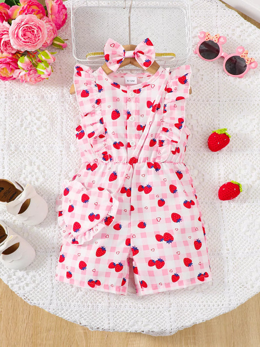 Children's Strawberry Print Ruffle Trim Jumpsuit & Headband Set