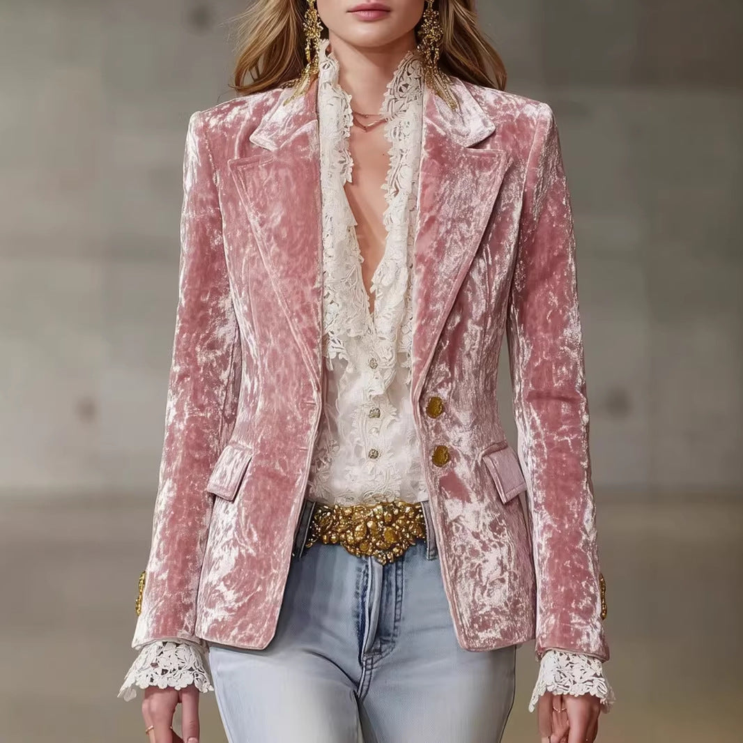 Pink Velvet Blazer | Slim Fit Notched Lapel Gold Button Jacket