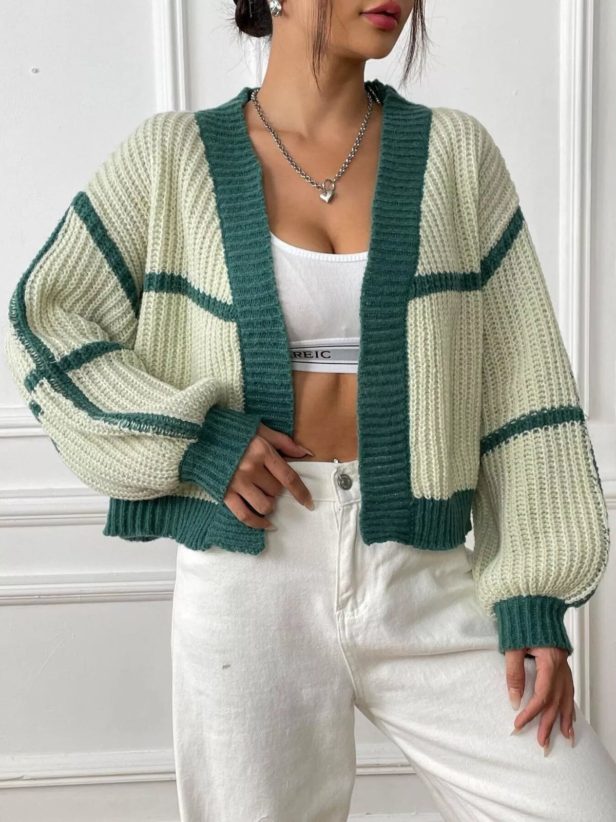 Color-Block Ribbed Knit Open-Front Cropped Cardigan