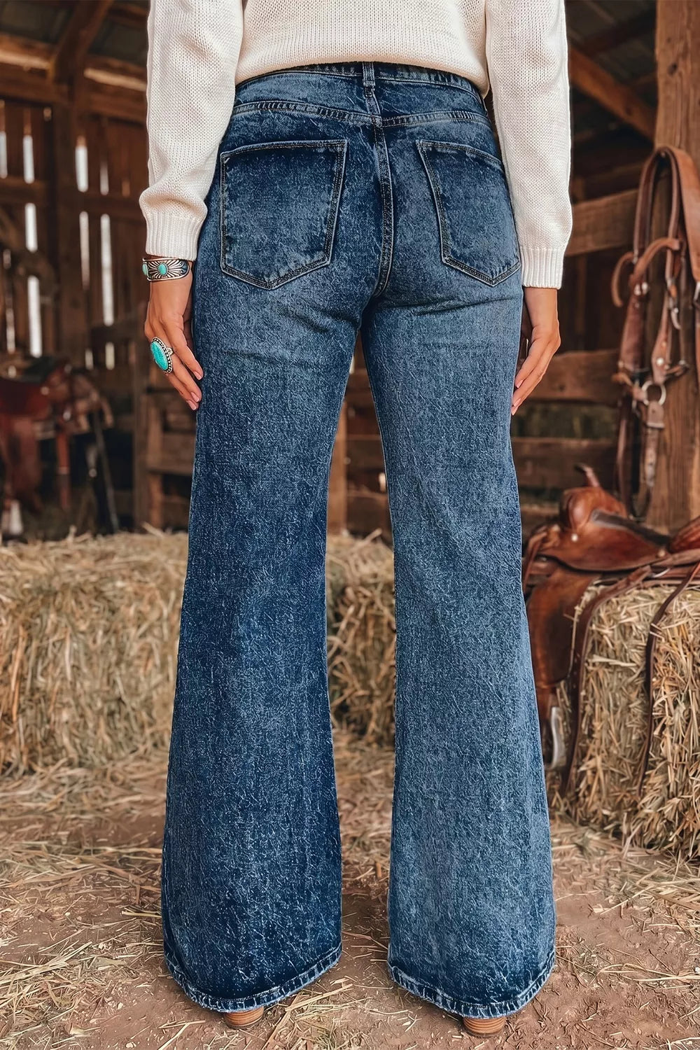 Acid Wash Pocket Detail Flare Jeans