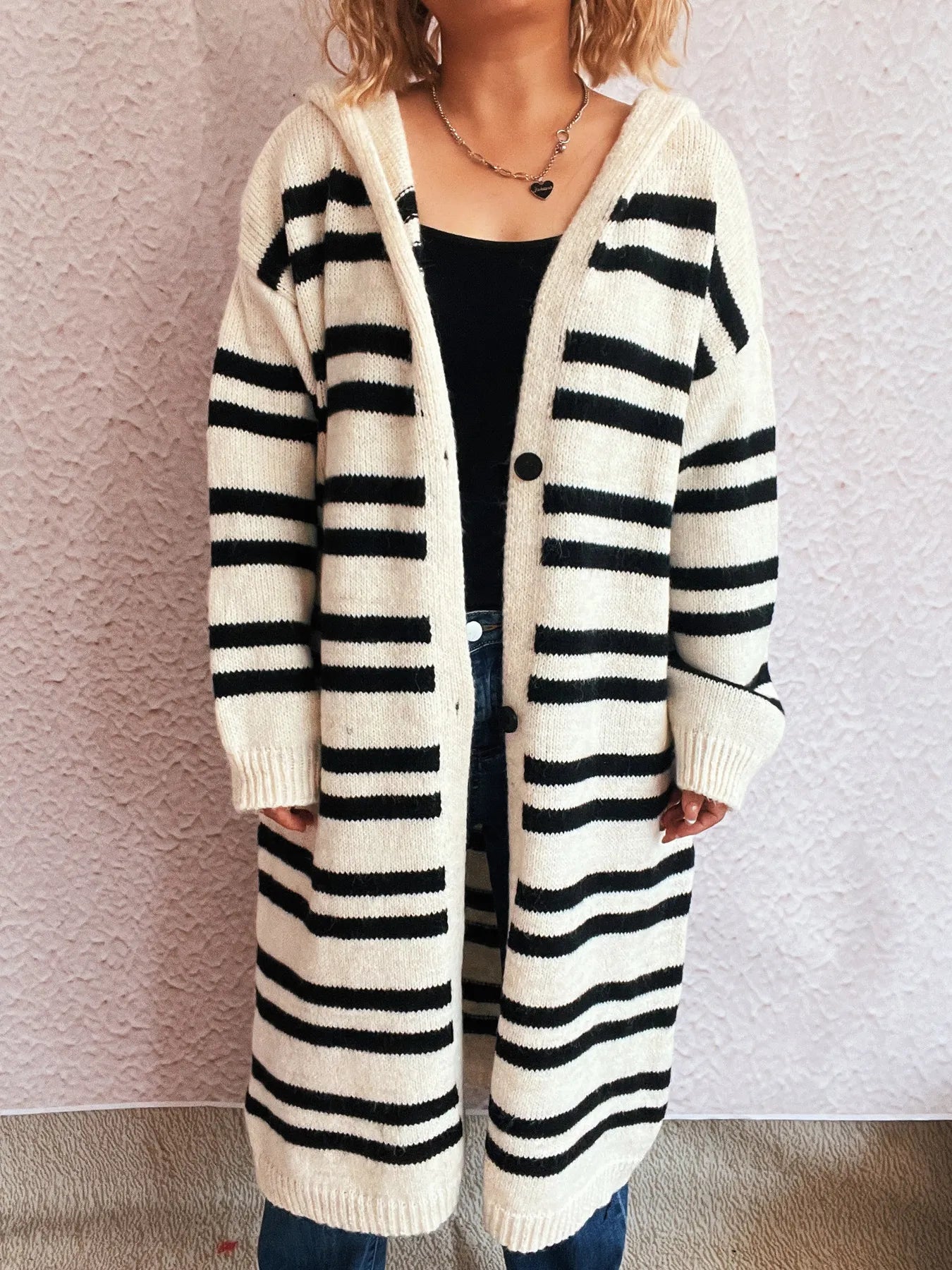 Striped Open Front Hooded Cardigan