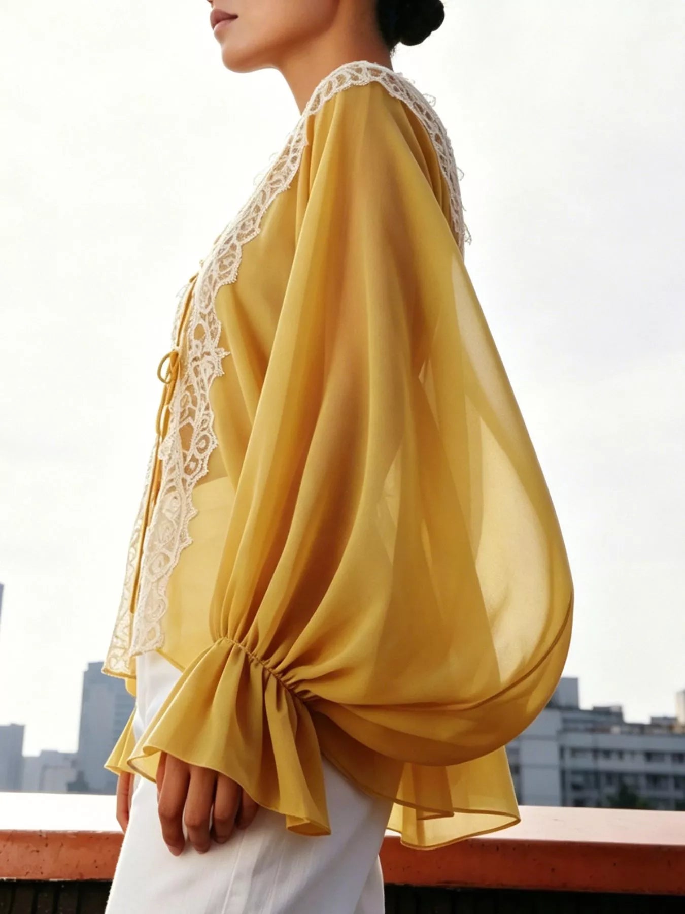 Sheer Lace-Trimmed Front Tie Blouse