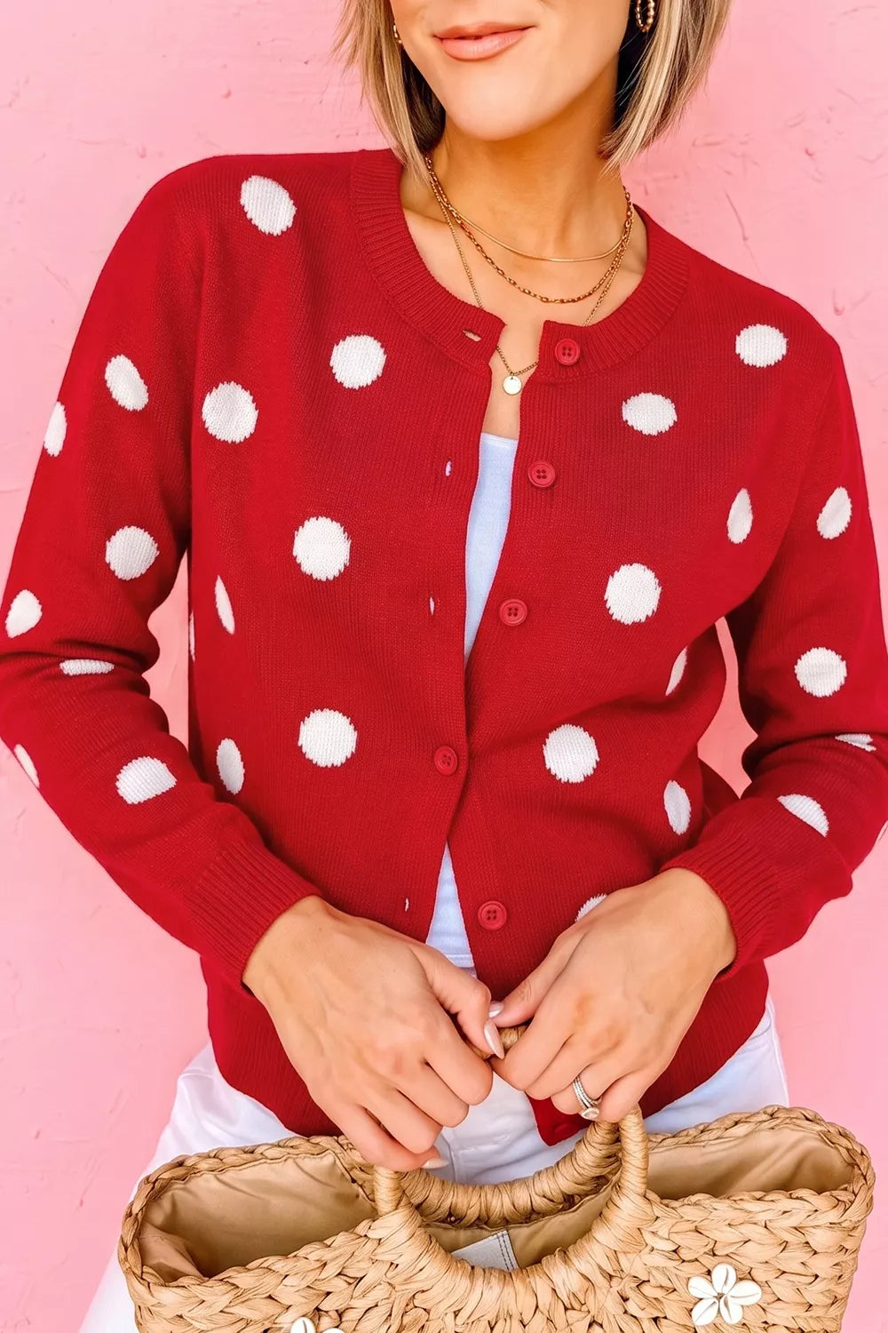 Casual Polka Dot Button Front Long Sleeve Sweater Cardigan