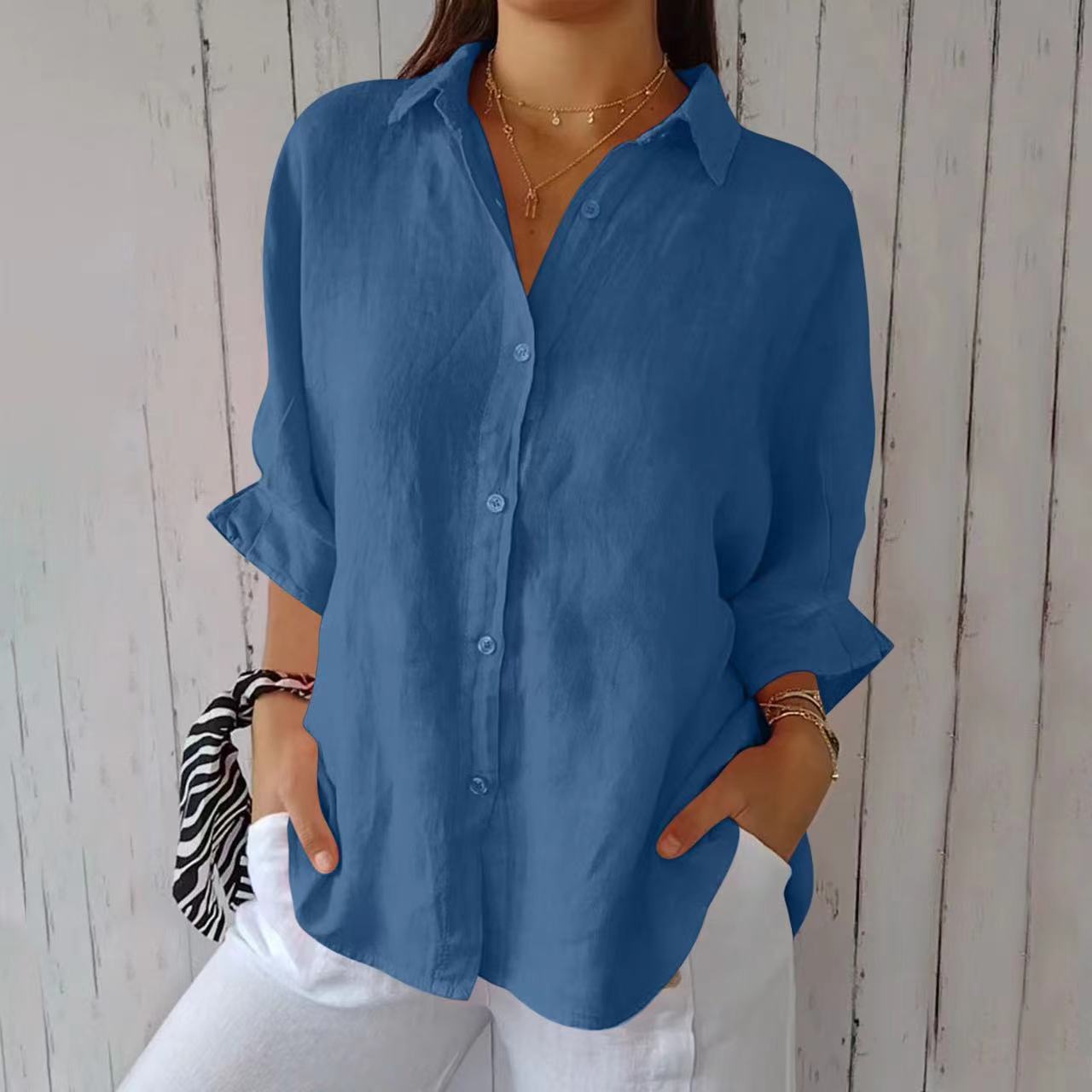 Women's Oversized Lapel Button-Down Shirt with Pleated Back