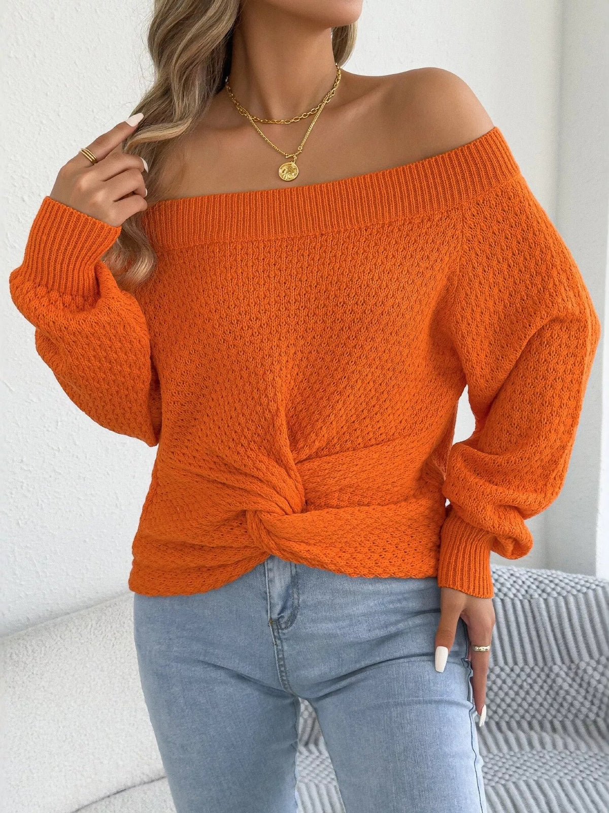 Off-Shoulder Twist Front Textured Knit Top