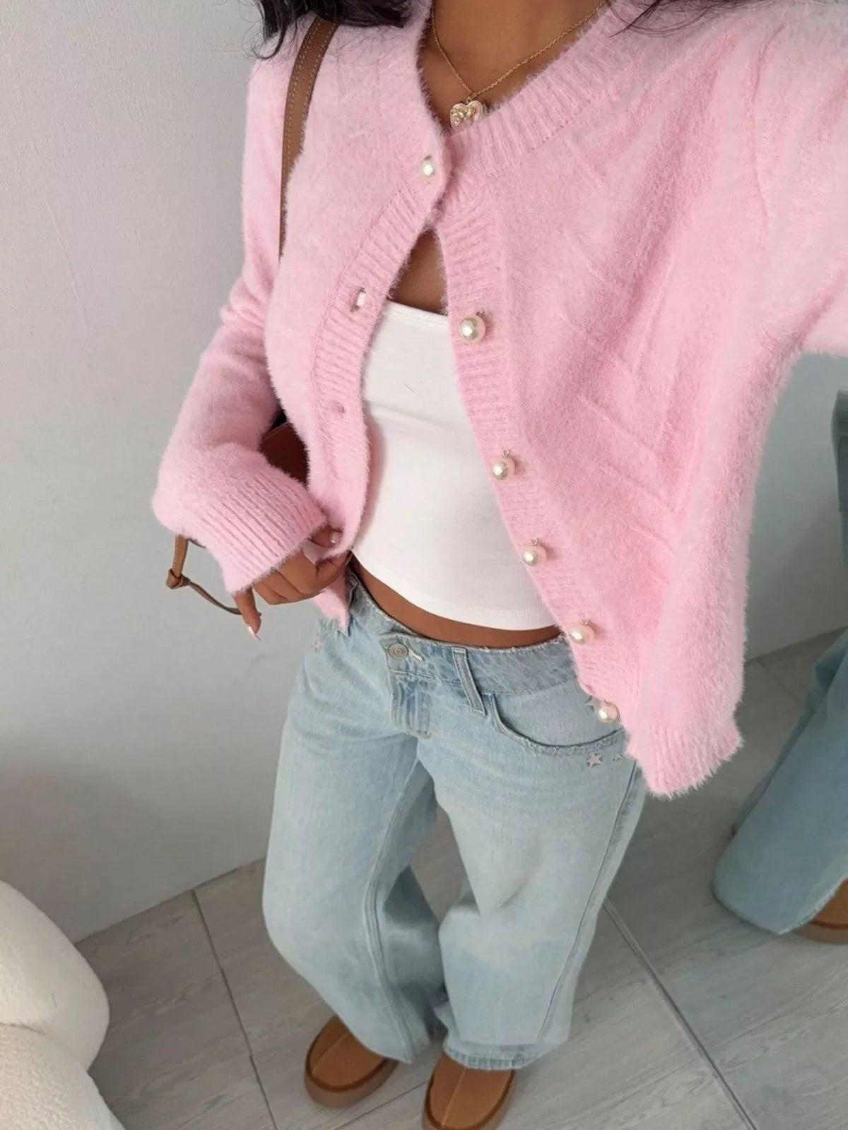 Soft Fuzzy Texture Cardigan with Pearl Buttons