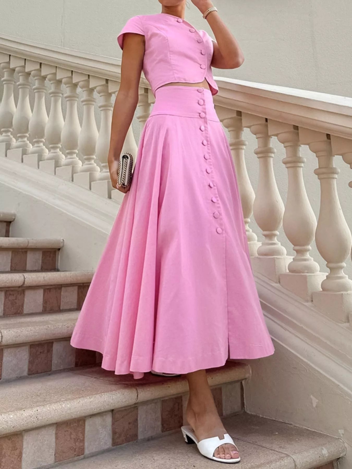 Cap Sleeve Button-Down Crop Top and Midi Skirt Set