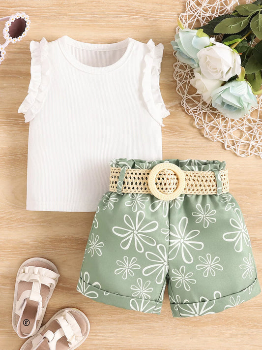 Children's Frill Sleeveless Top and Belt Shorts Set