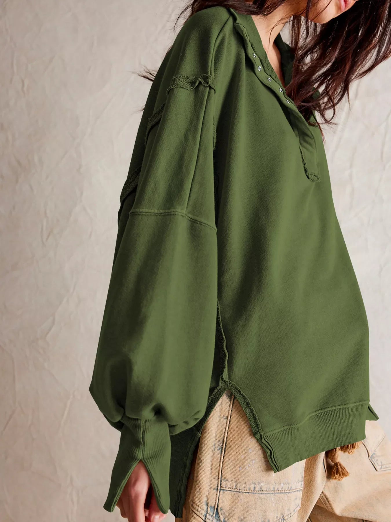 Snap-Button Dropped Shoulder Sweatshirt