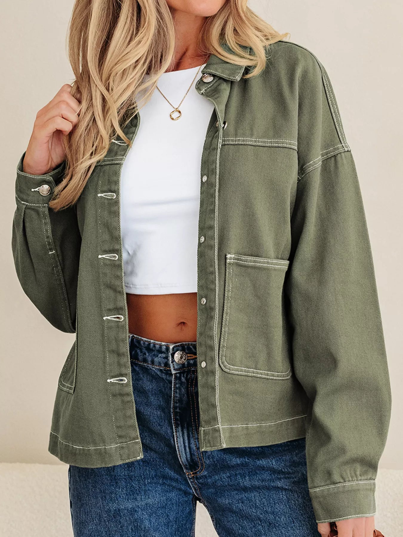 Patched Pocket Collared Button Front Boyfriend Denim Jacket