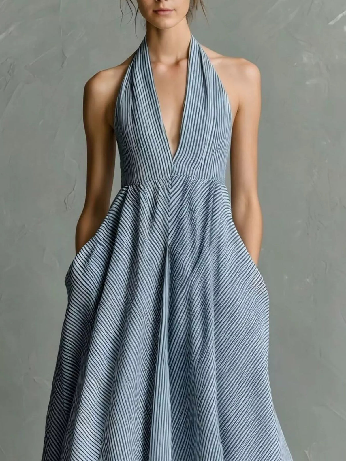Full Size Striped Halter Neck Maxi Dress with Pockets Plus Size
