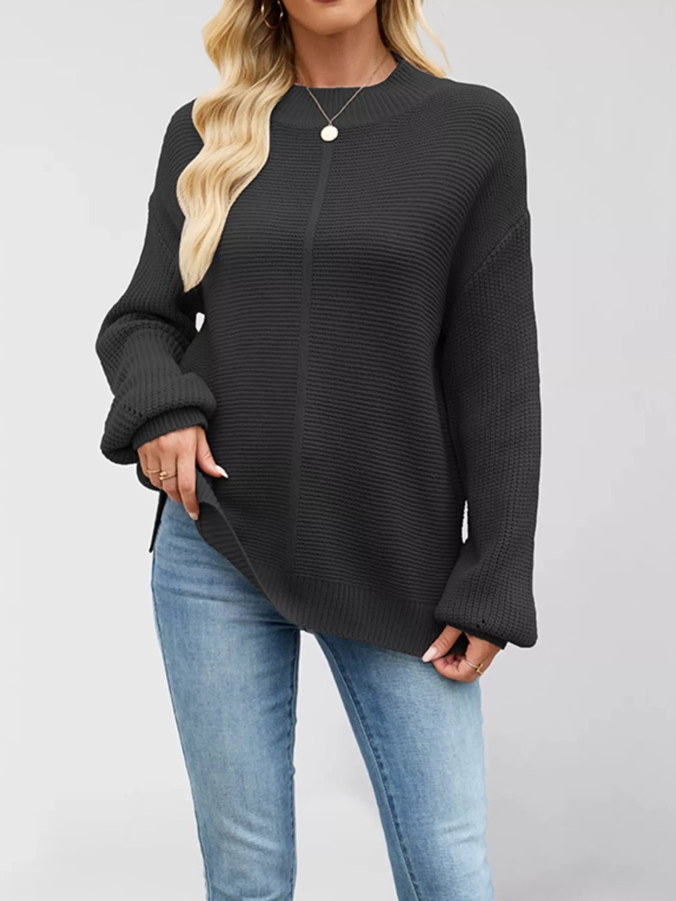 Ribbed Mock Neck Drop Shoulder Sweater