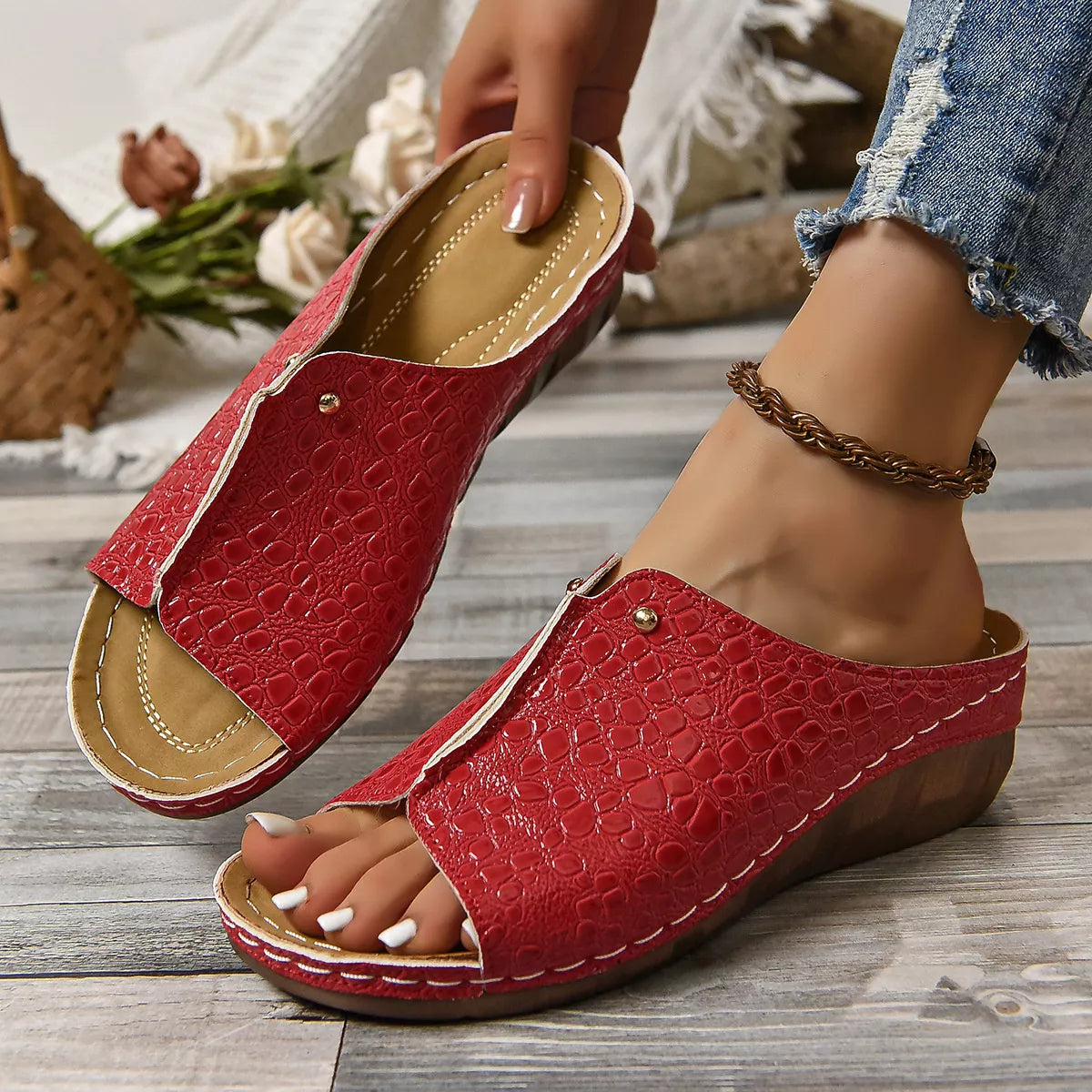Crocodile-Embossed Wedge Sandals