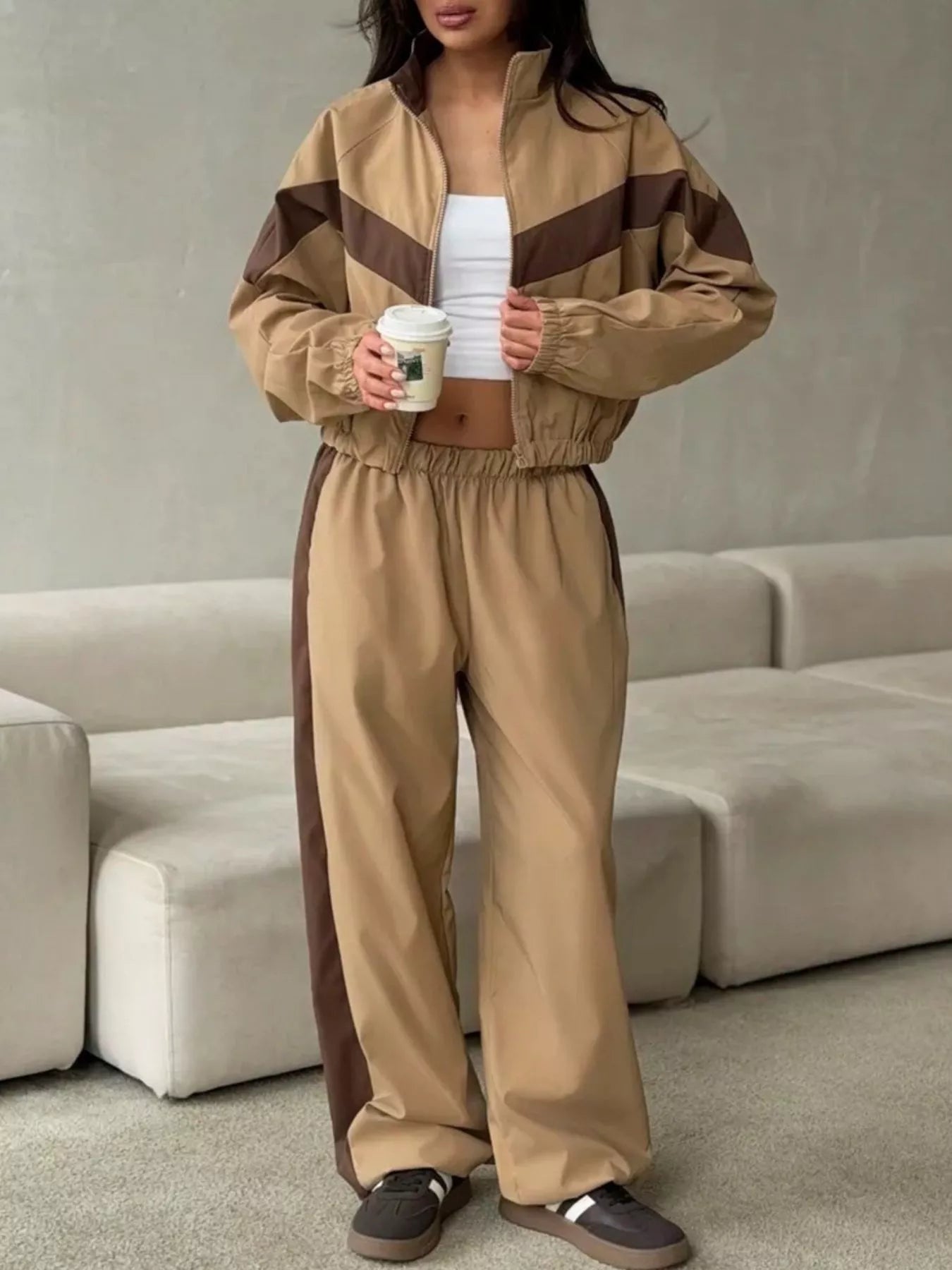 Color Block Zip Up Outerwear and Pants Set