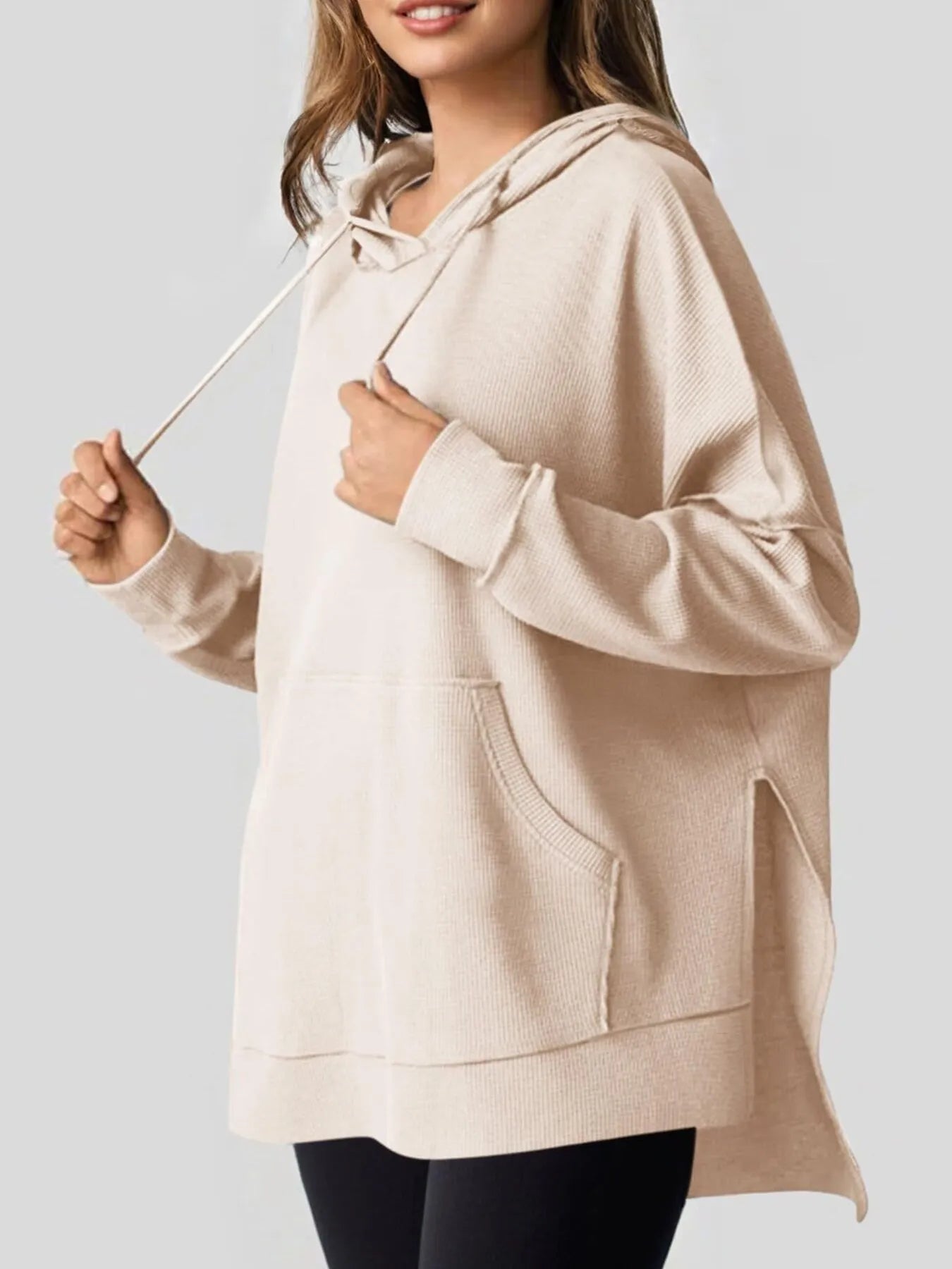 Slit Drawstring Waffle Knit Hoodie