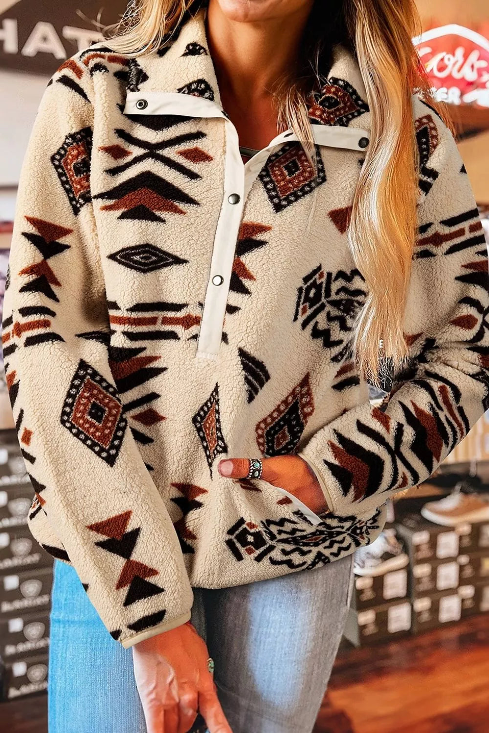 Aztec Print Fleece Snap Down Sweatshirt