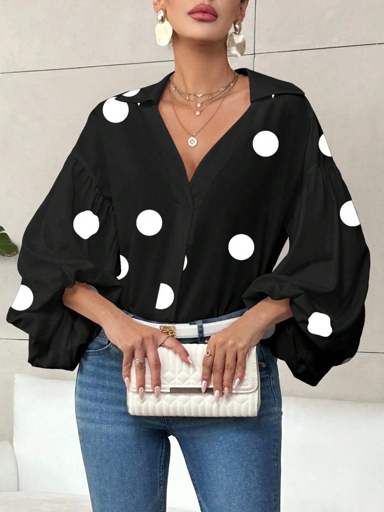 Polka Dot Loose Bubble Sleeve Top – Half-Open Neck Long Sleeve