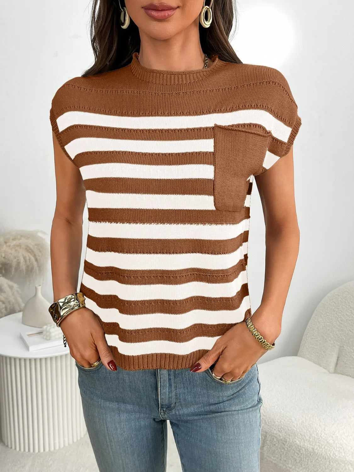 Striped Mock Neck Cap Sleeve Knit Top