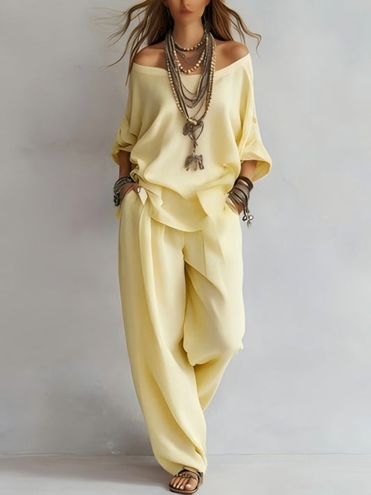 Chiffon Puff-Sleeve Top & Wide-Leg Pants Set – 15 Colors