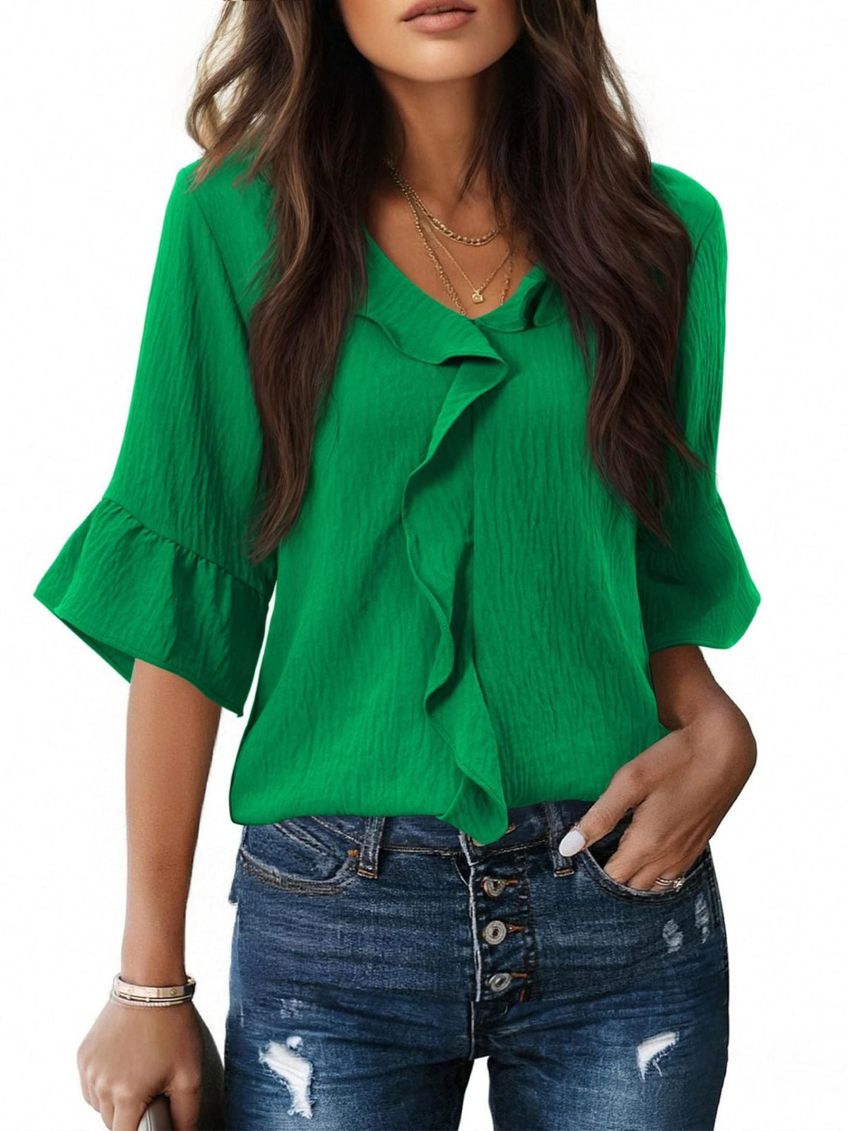Ruffle V-Neck Flounce Sleeve Blouse