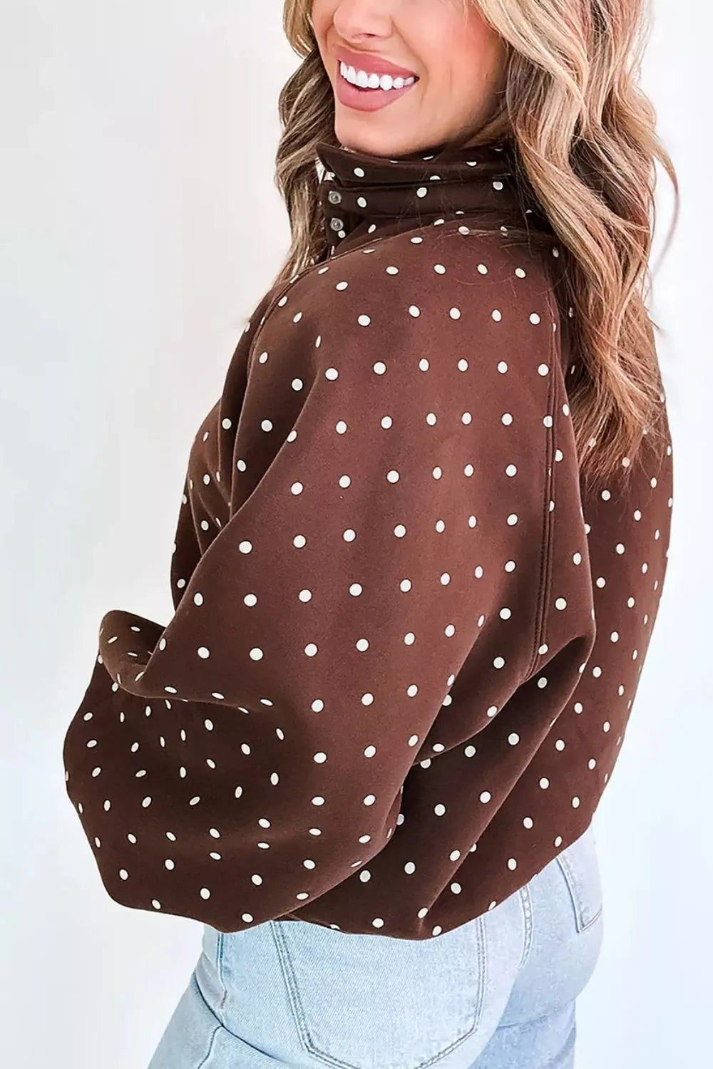Polka Dot Print Metal Button Collar Casual Pullover Sweatshirt