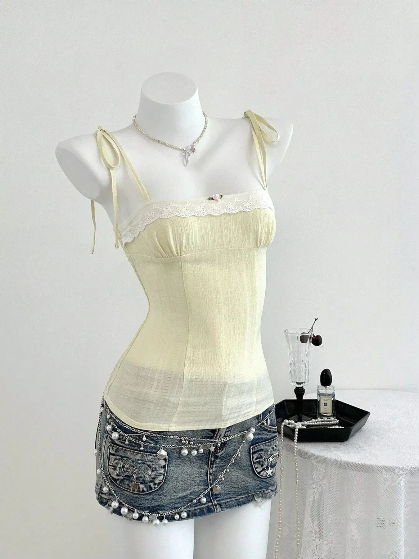 Lace-Trimmed Tie Shoulder Cami