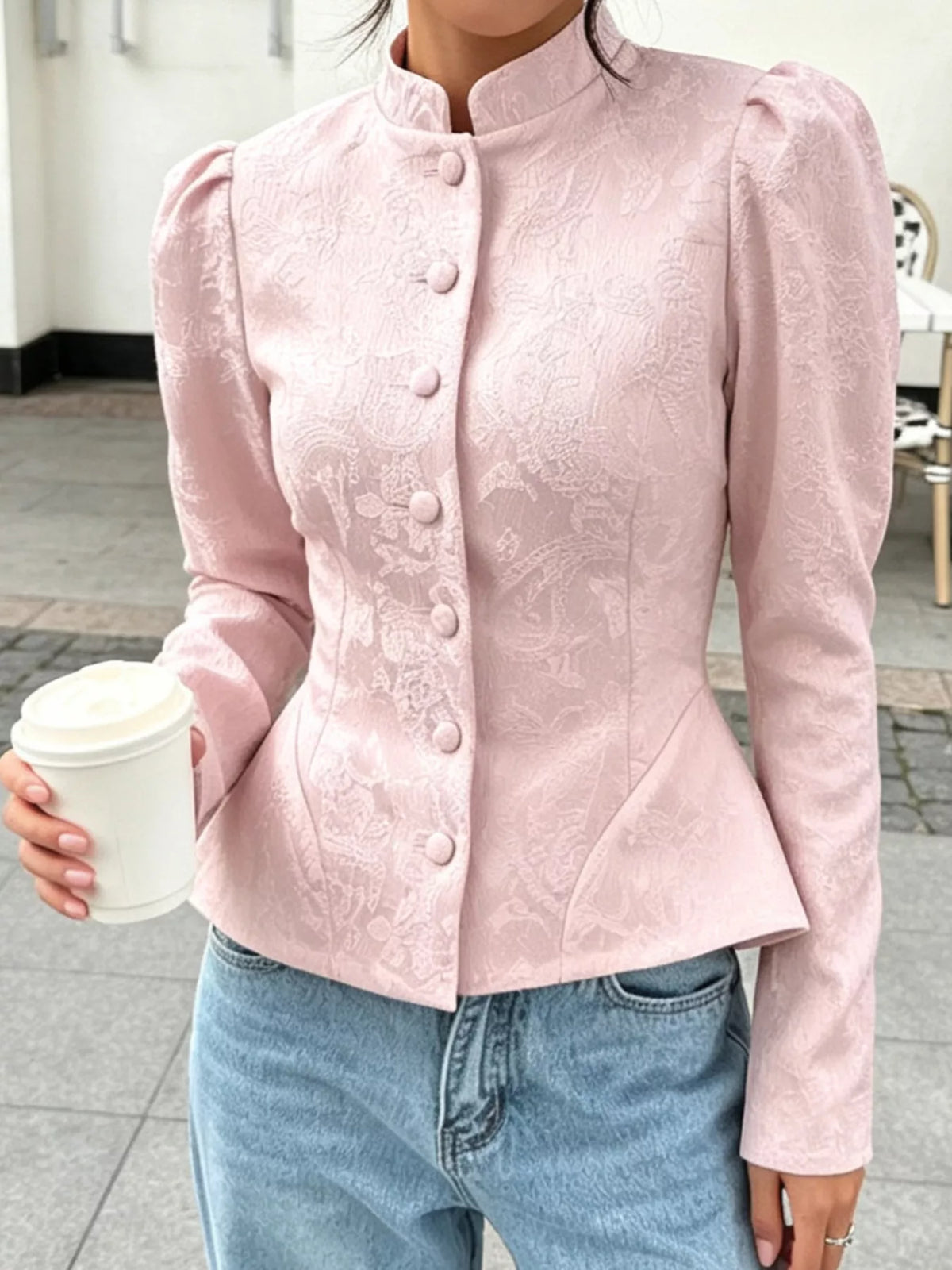 Jacquard Peplum Puff Sleeve Outerwear