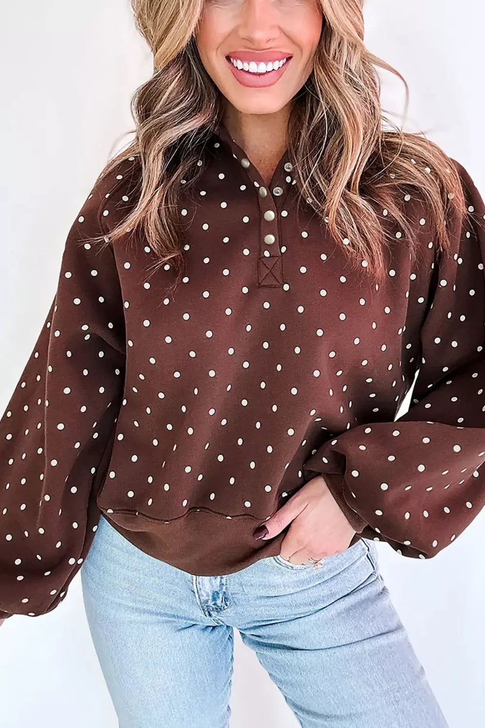 Polka Dot Print Metal Button Collar Casual Pullover Sweatshirt