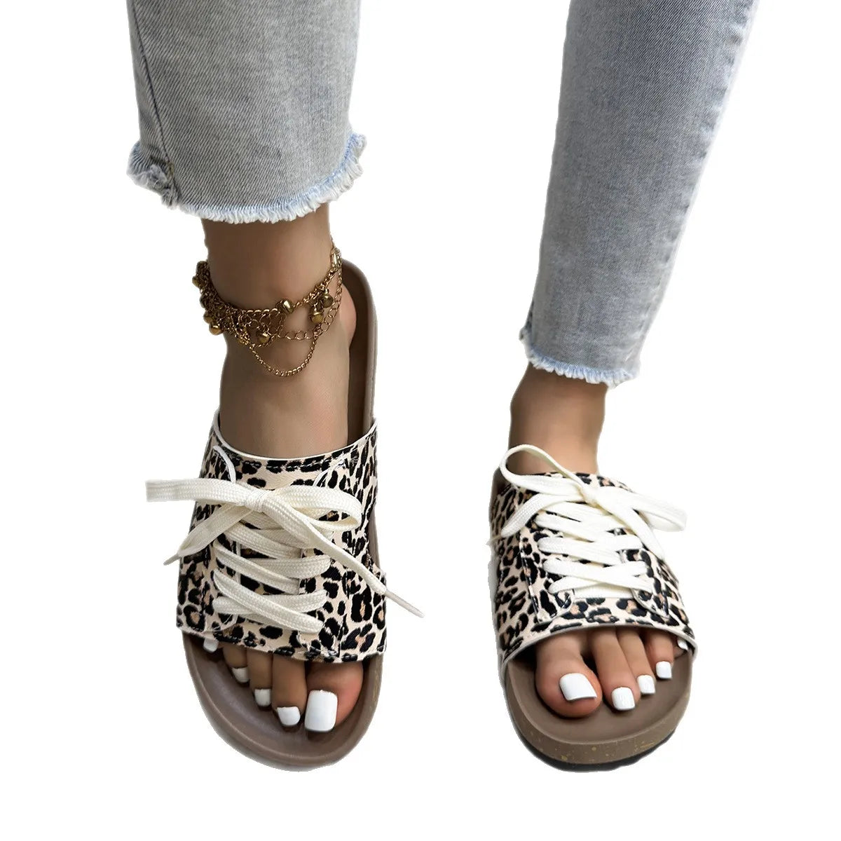 Leopard Print Open Toe Lace-up Sandals