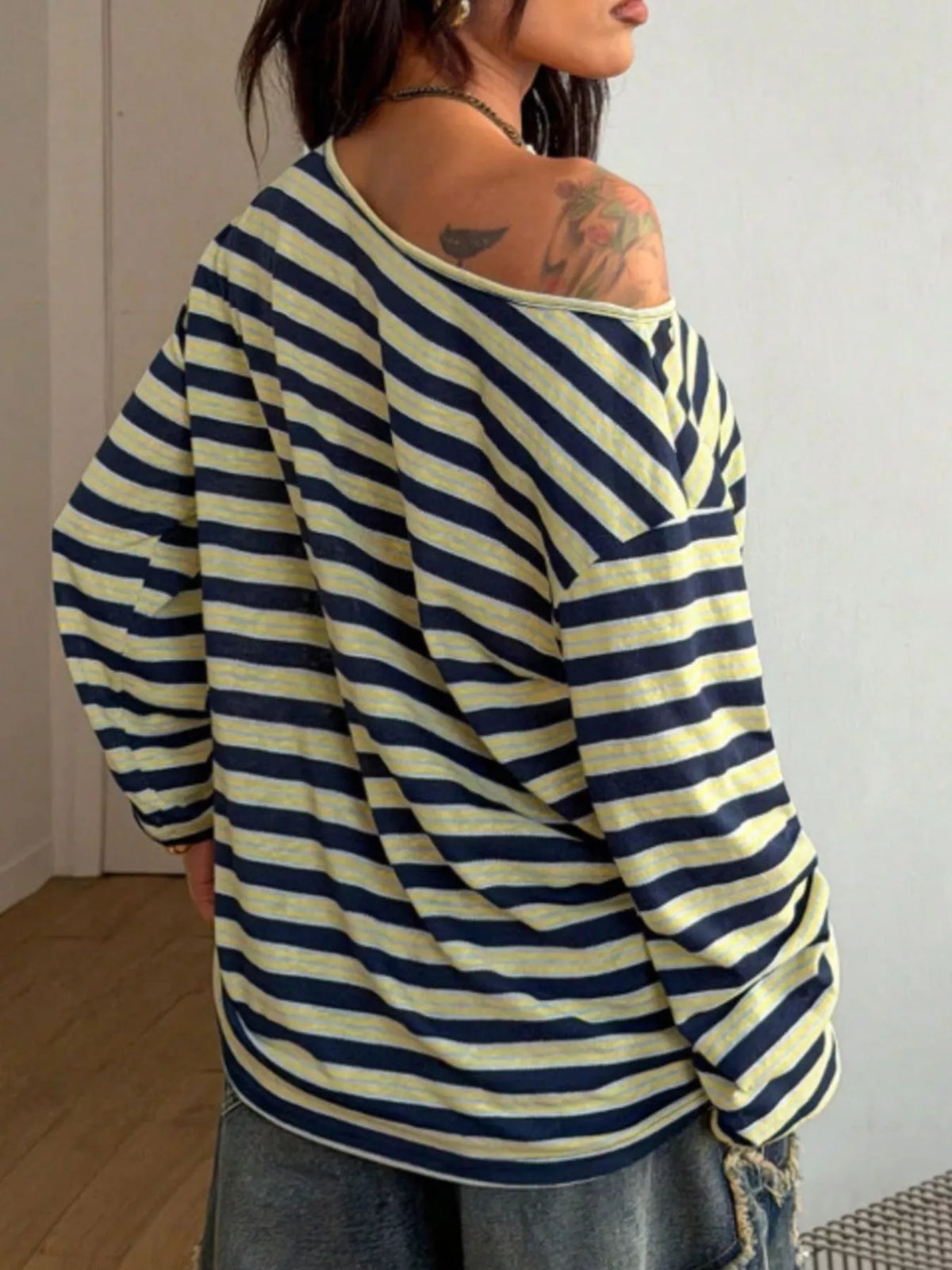 Off-Shoulder Striped Long Sleeve T-Shirt
