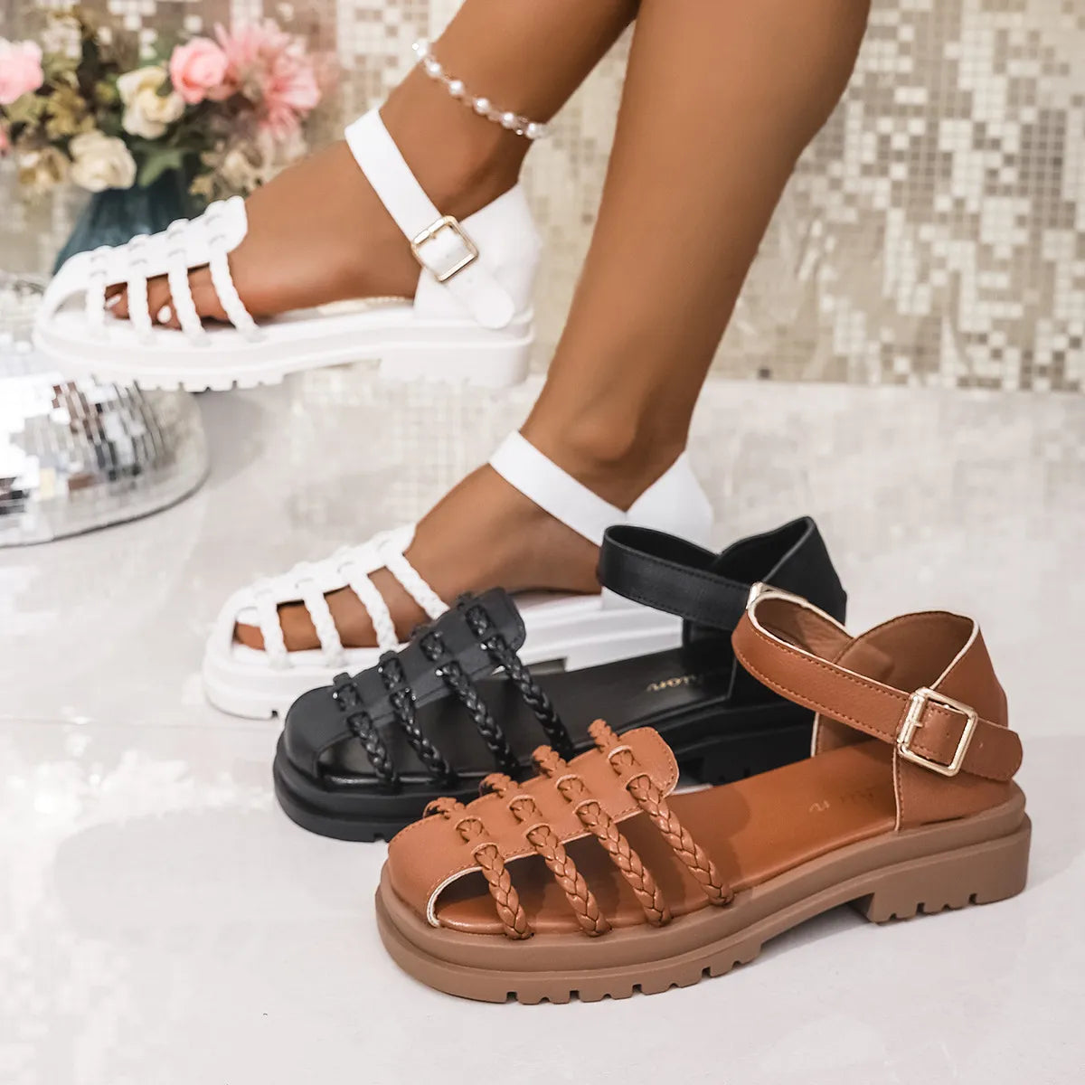 Braided Ankle Strap Sandals