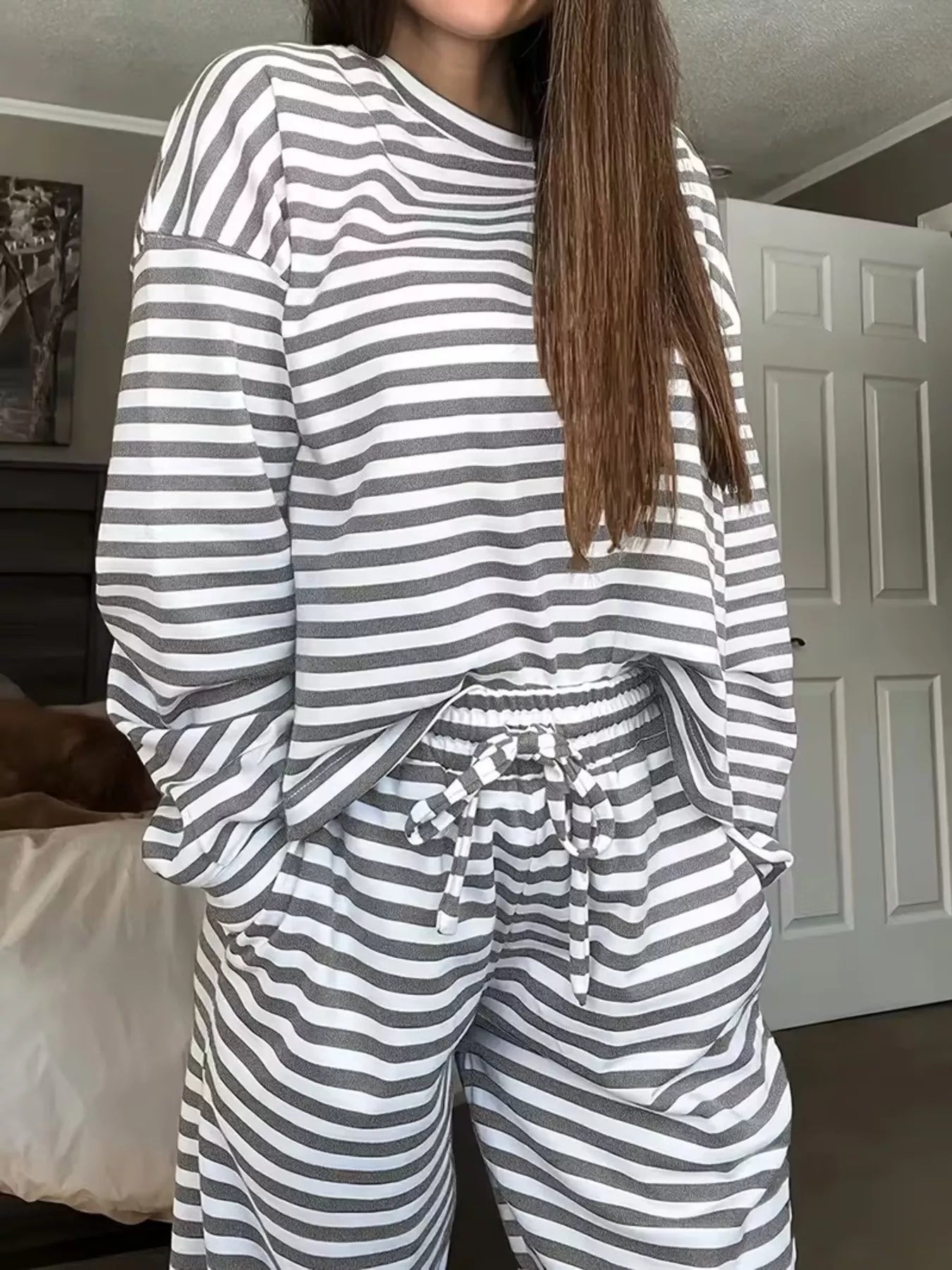 Striped Dropped Shoulder Top and Pants Set