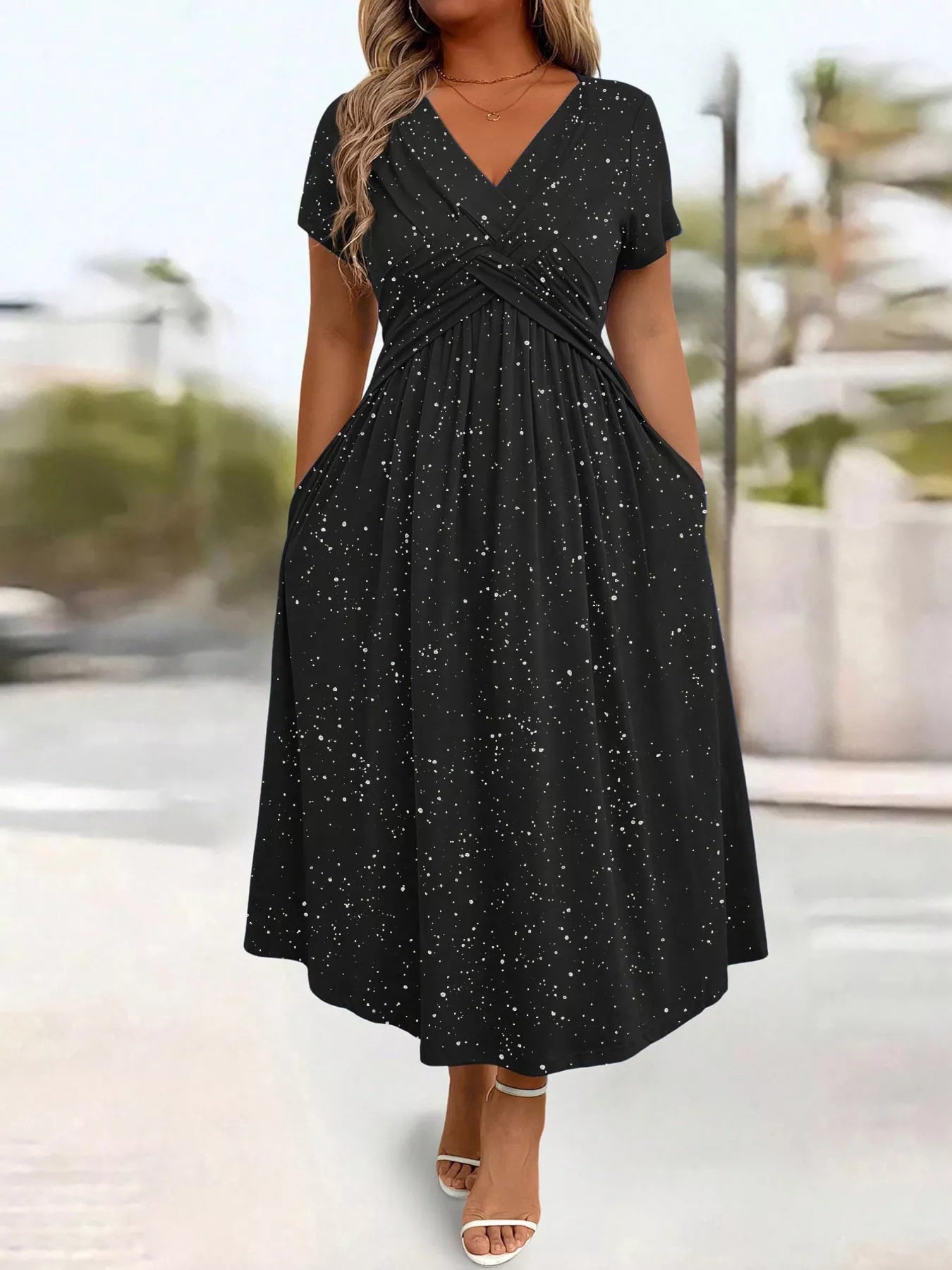 Full Size Glitter Flutter Sleeve Midi Dress Plus Size