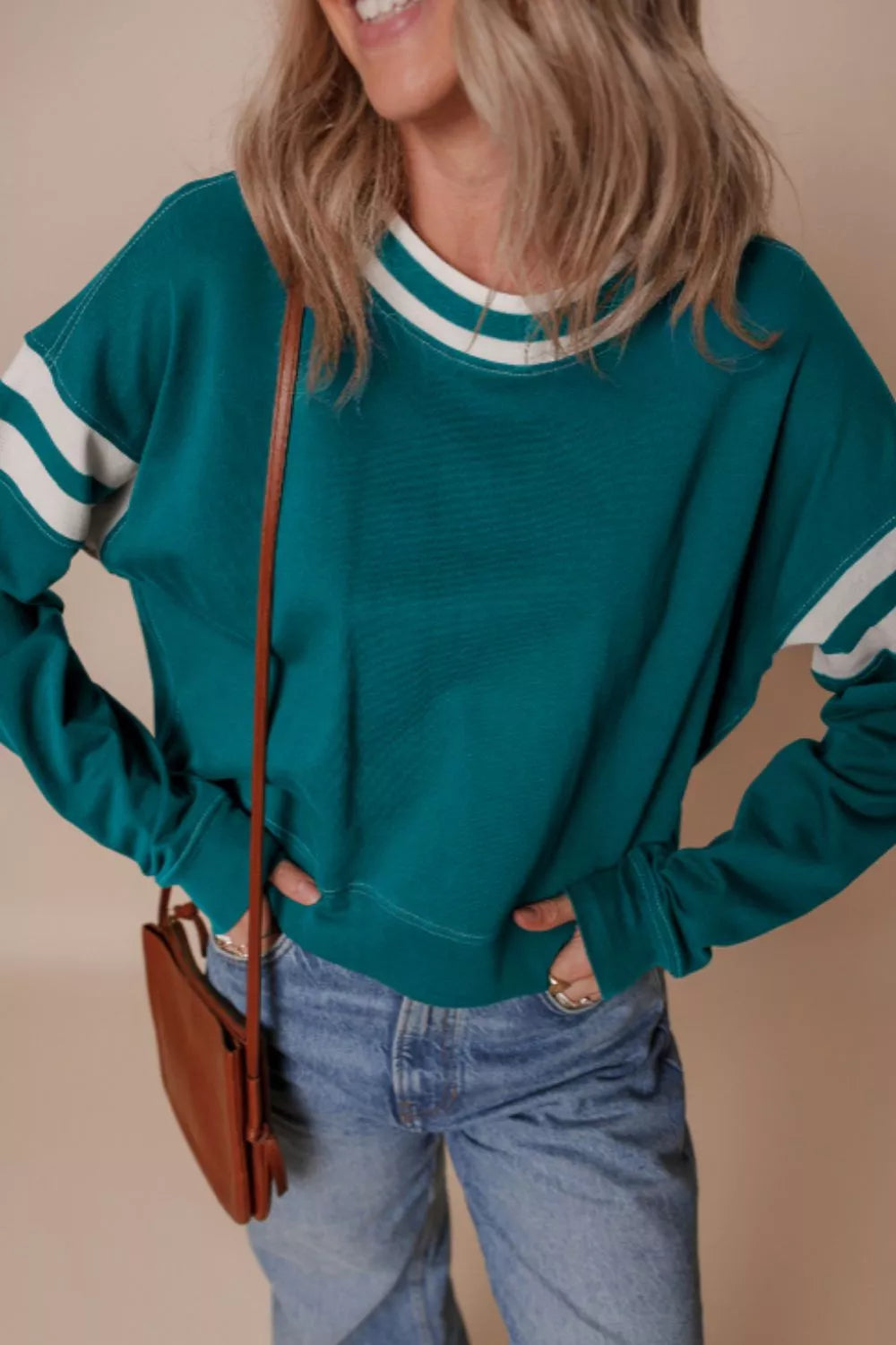 Contrast Striped Patchwork Round Neck Drop Shoulder Sweatshirt