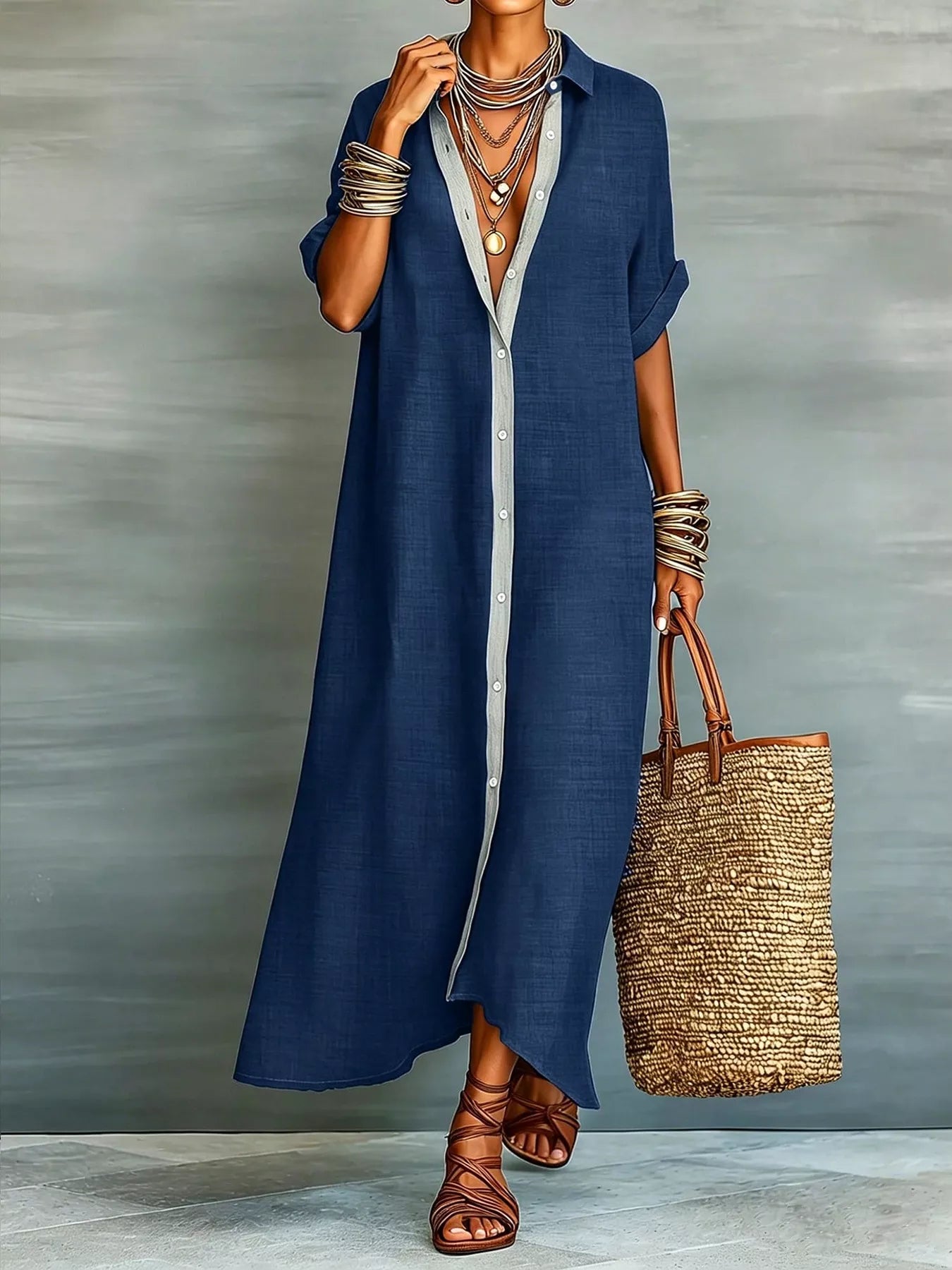 Casual Linen Shirt Dress with Button-Down Front