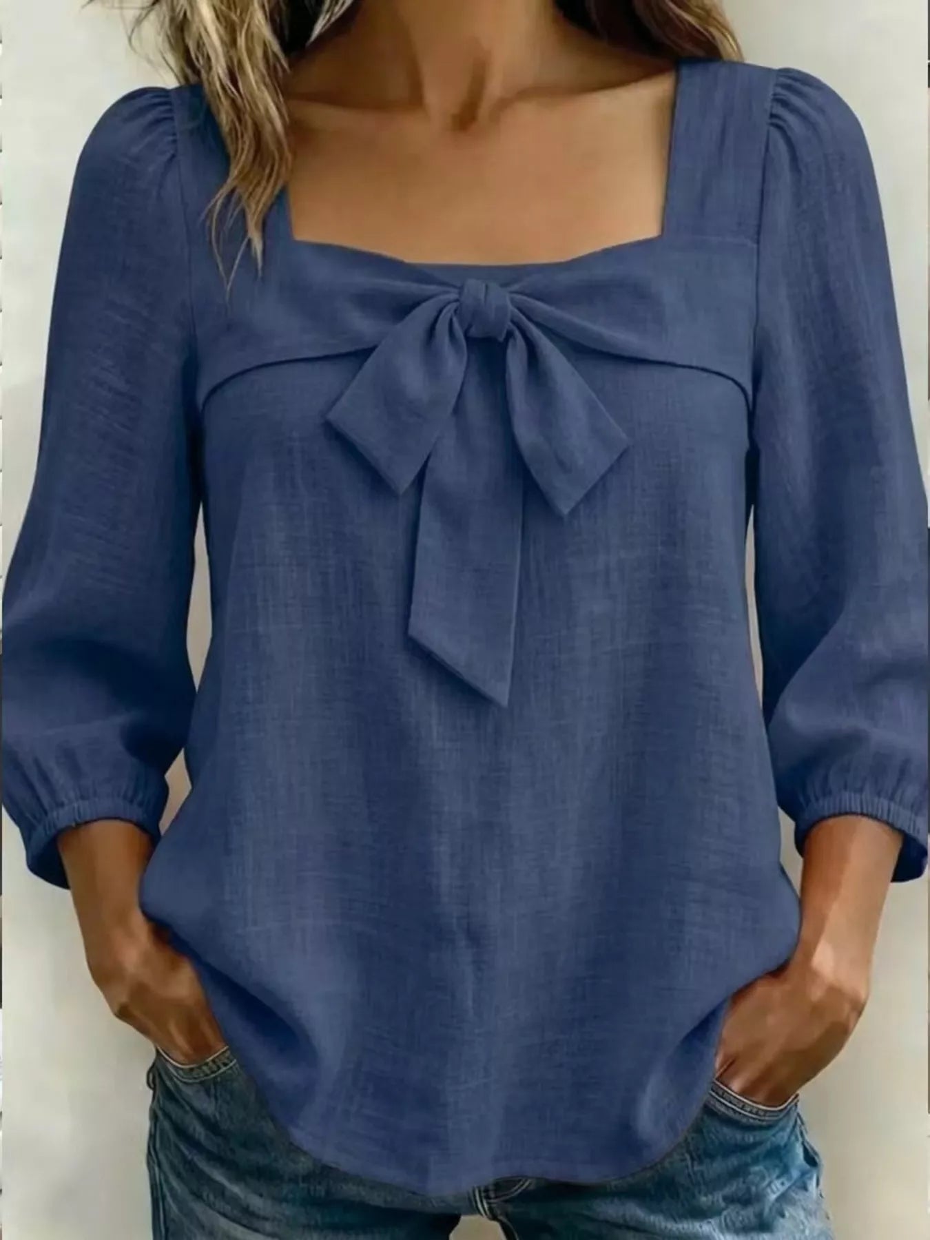 Full Size Bow Front Square Neck Blouse Plus Size