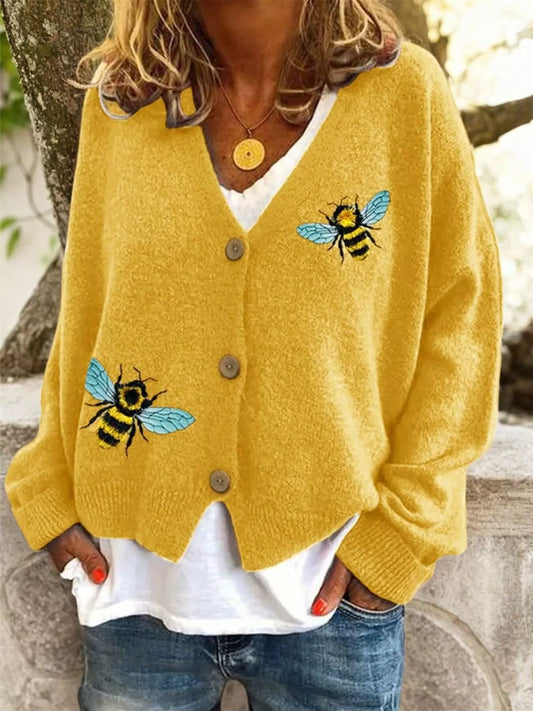 Bee Embroidered Button-Down Cardigan