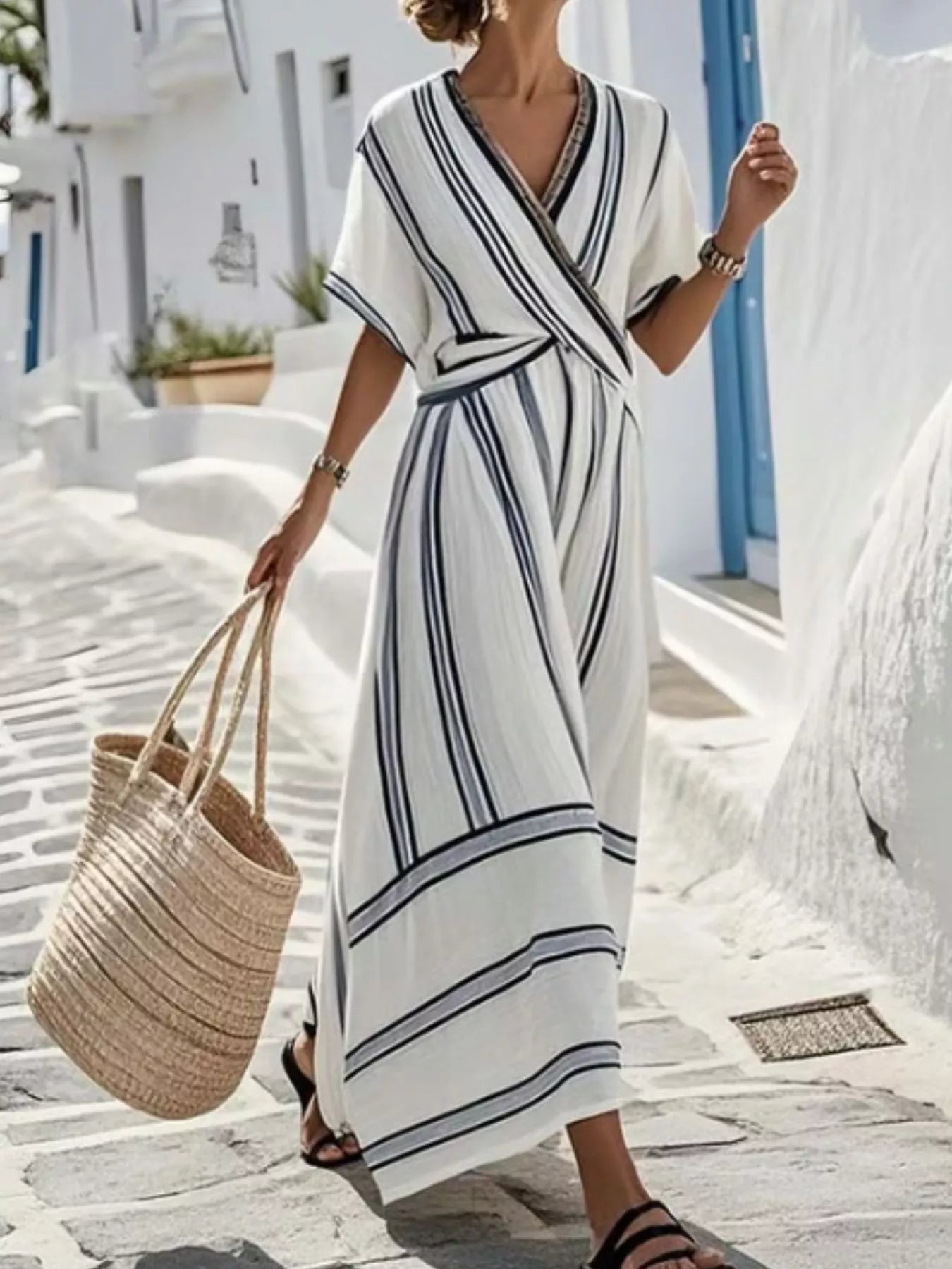 Full Size Striped Short Sleeve Wrap Maxi Dress Plus Size