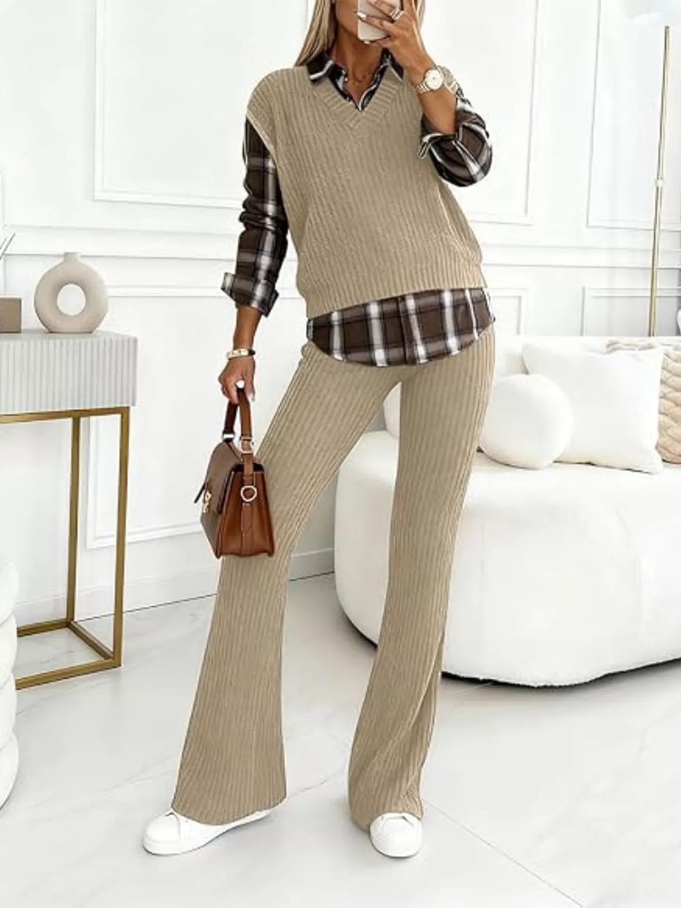 Ribbed Knit Plaid Sleeve Top & Pants Set