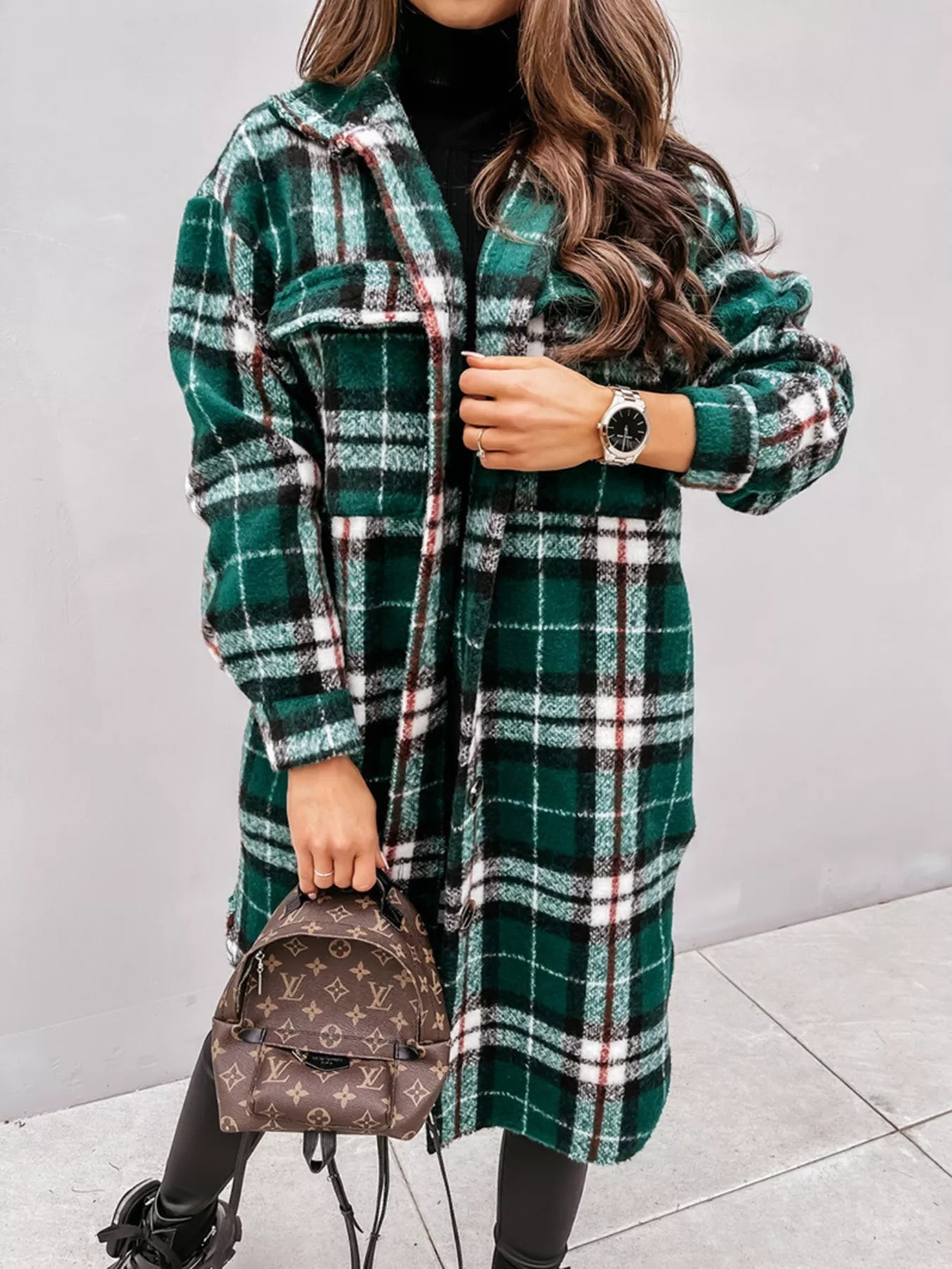 Longline Plaid Button Up Coat