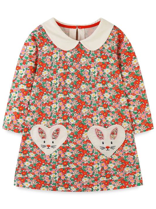 Children's Floral Print Long Sleeve Peter Pan Collar Dress
