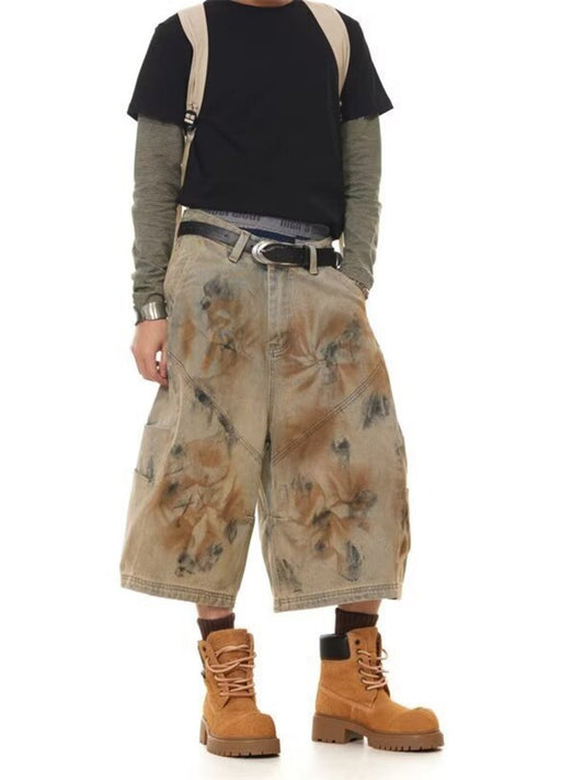 Men's  Plus Size Vintage Wash Wide-Leg Denim Shorts