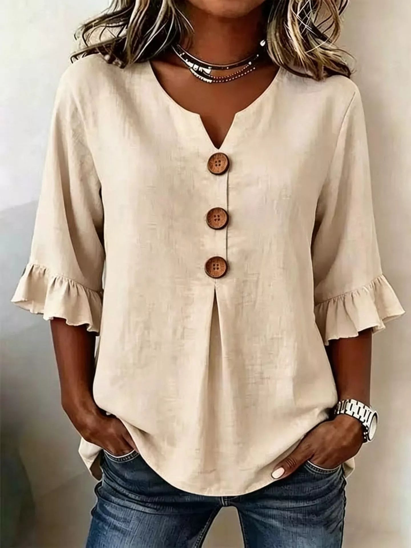 Full Size Casual Ruffle‑Sleeve Decor‑Button Top Plus Size