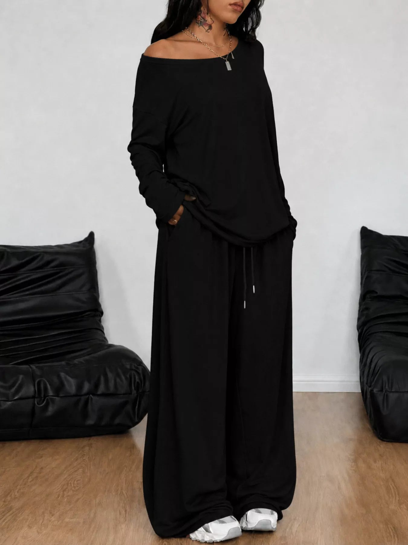 Full Size Comfortable Loose Fit One-Shoulder T-Shirt and Pants Set Plus Size