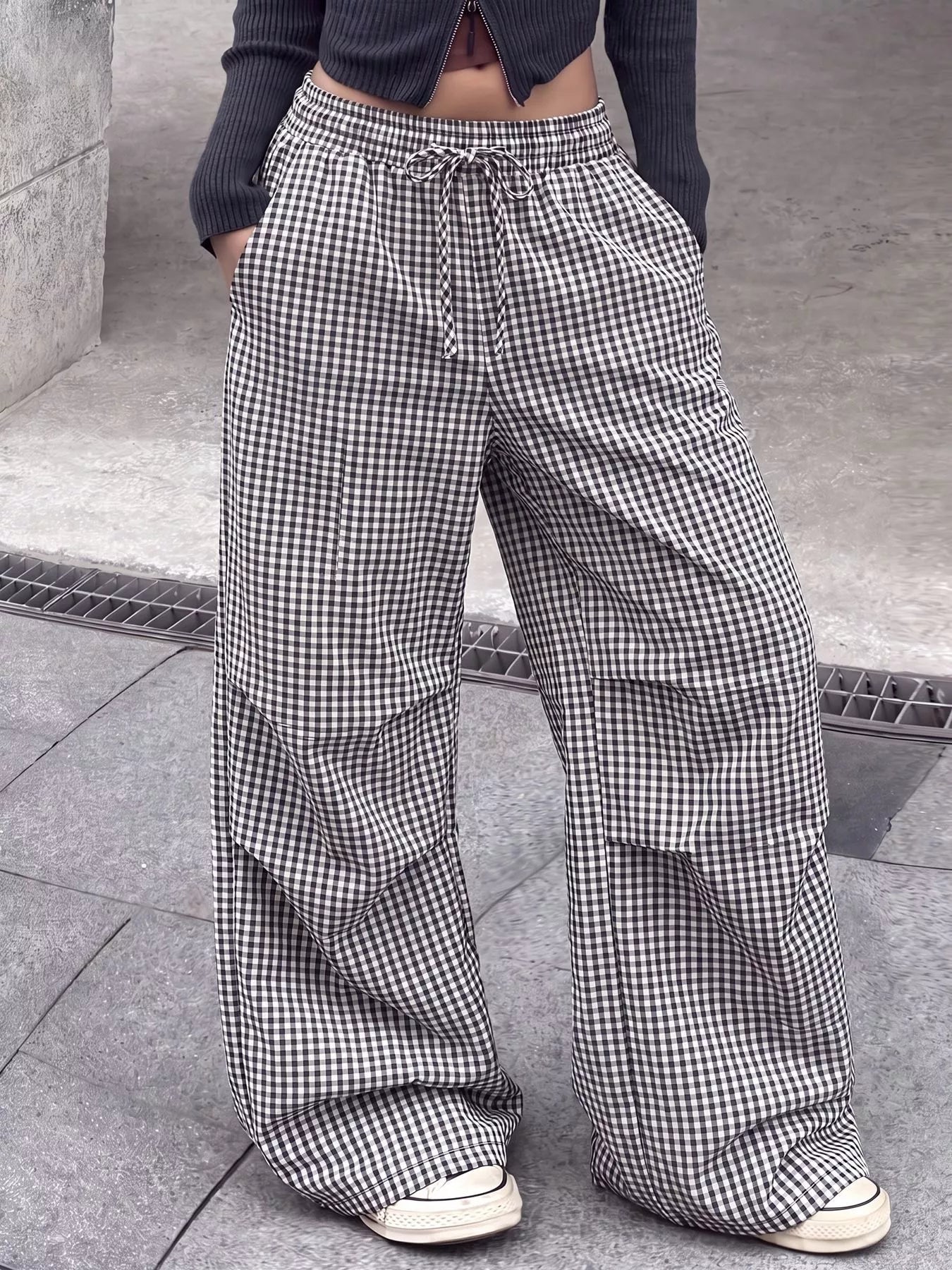 High-Waisted Gingham Wide-Leg Drawstring Pants