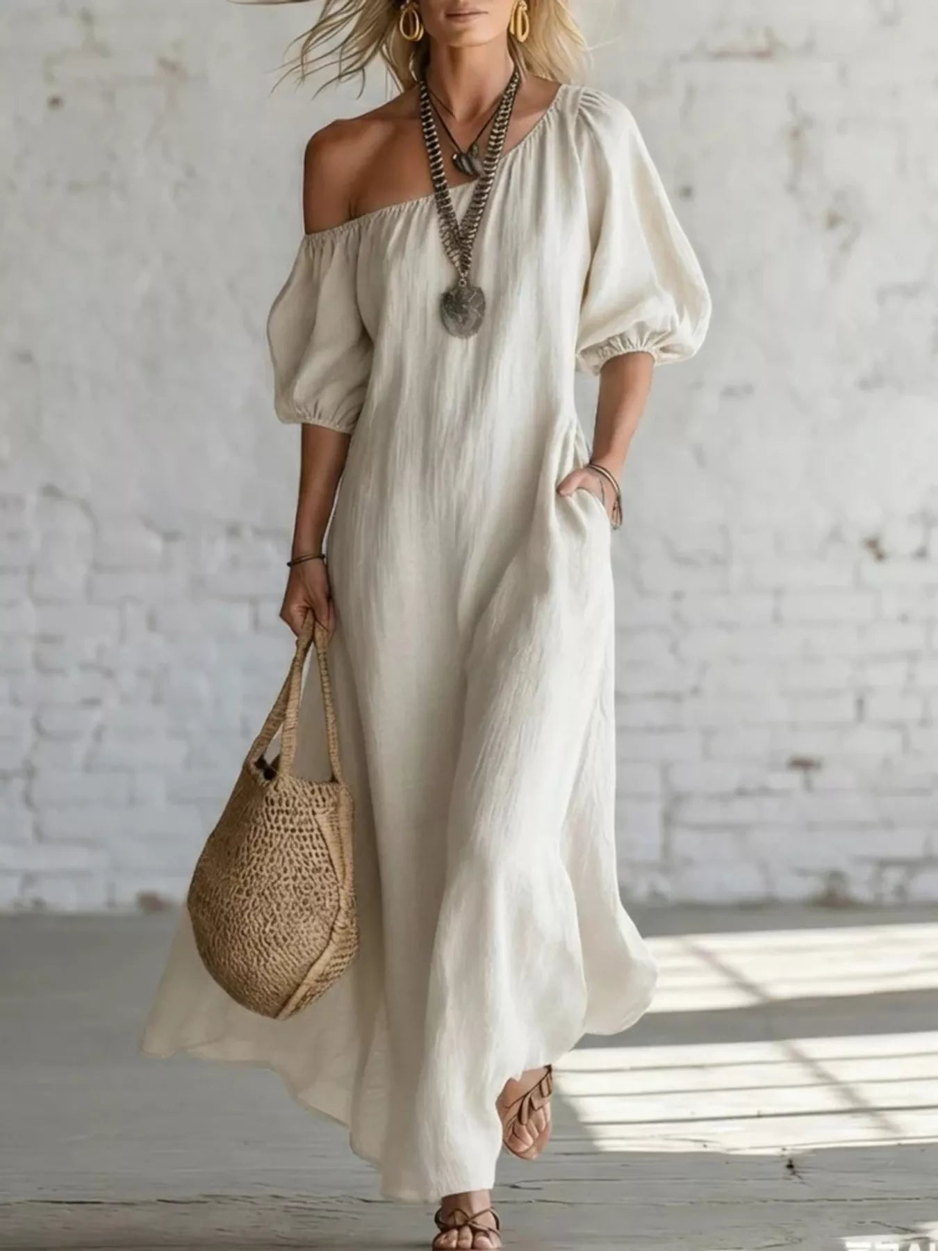 One-Shoulder Puff Sleeve Maxi Dress