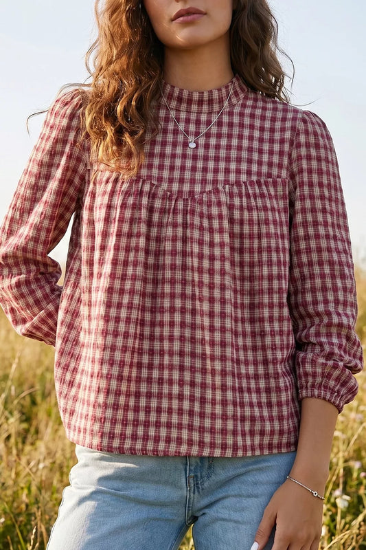 Country Plaid Long Sleeve Button Keyhole Pleated Loose Blouse