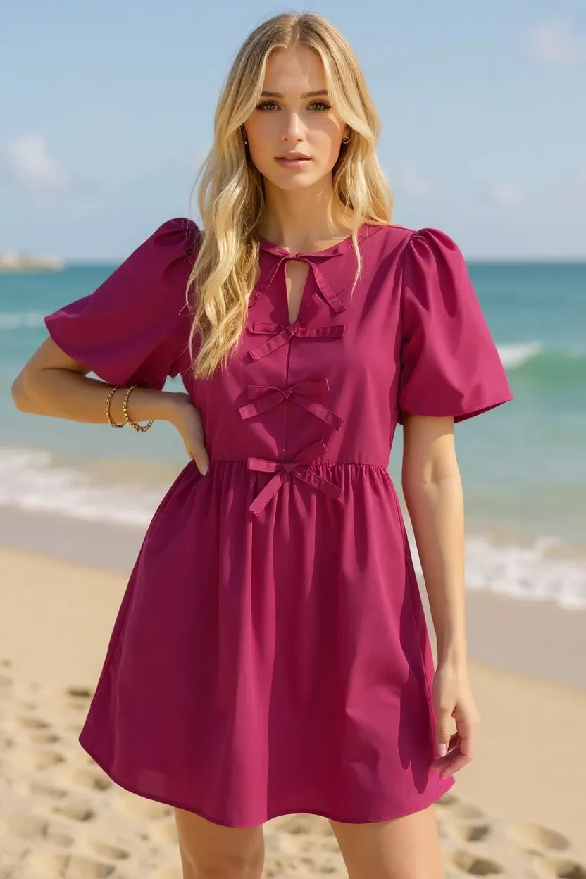 Oh Bow Ruched Puff Sleeve Mini Dress