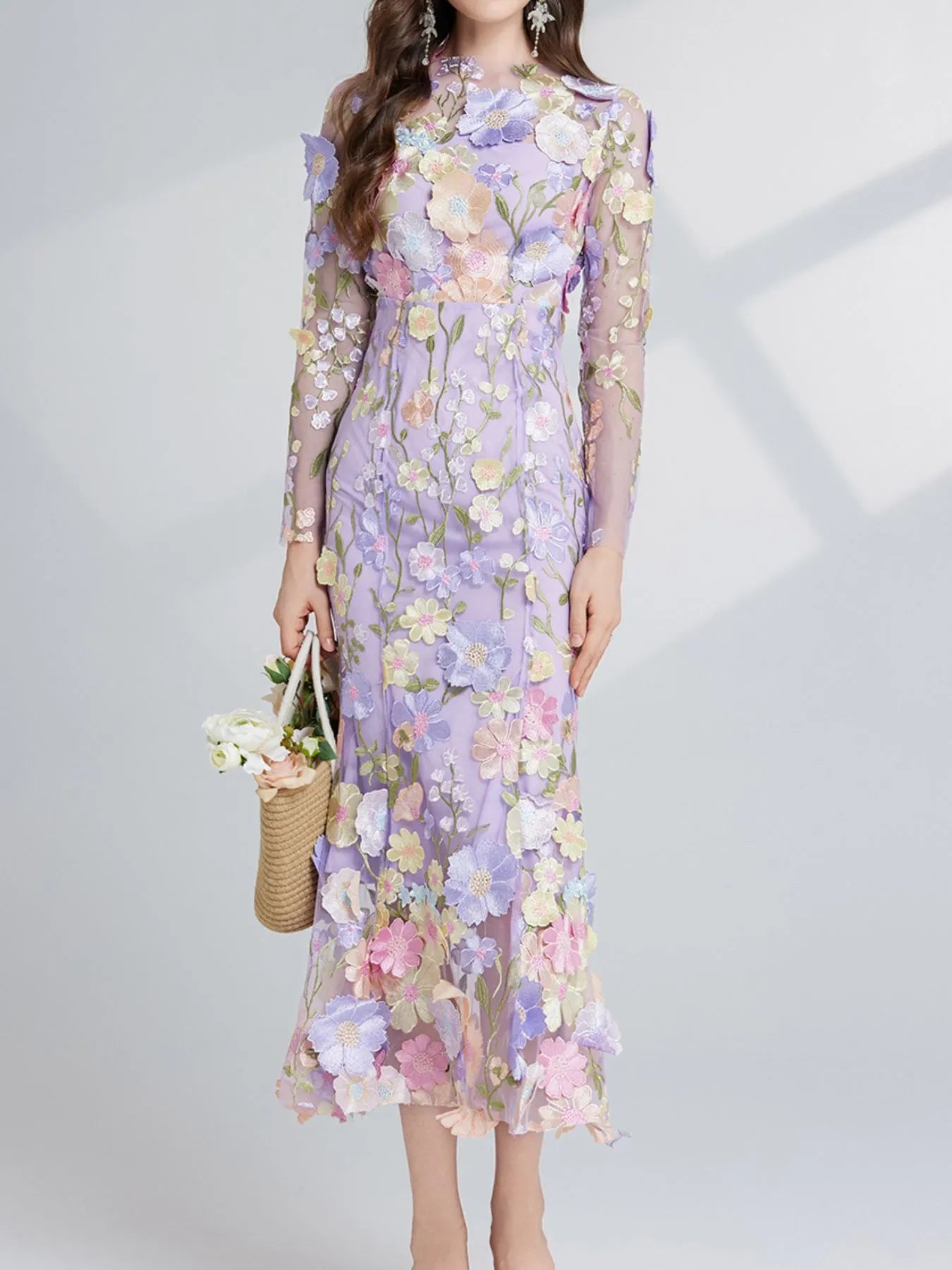 Floral Embroidered Mesh Long Sleeve Midi Dress