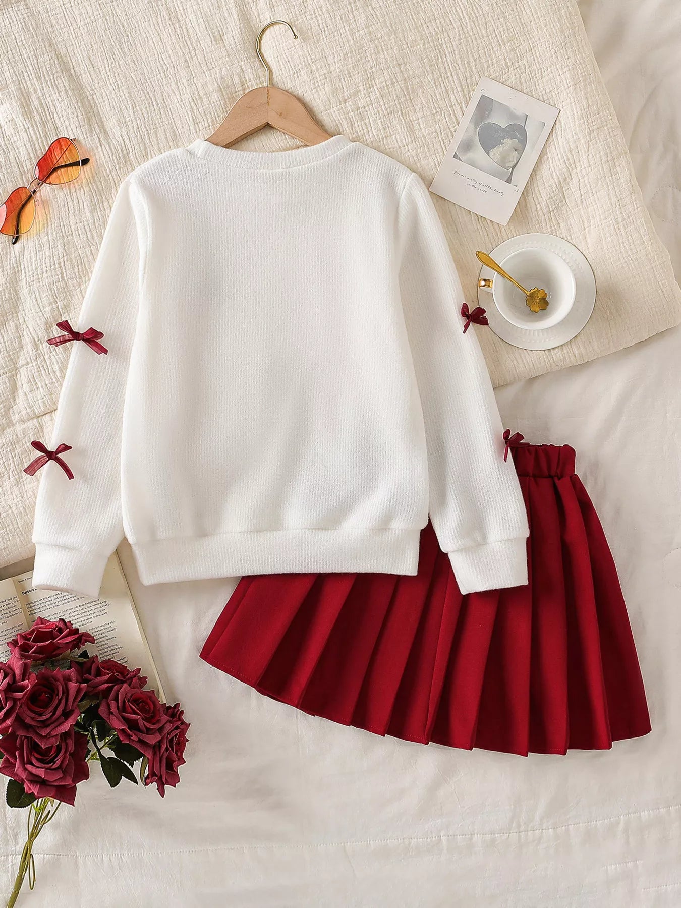Children's Bow Long Sleeve Top and Skirt Set